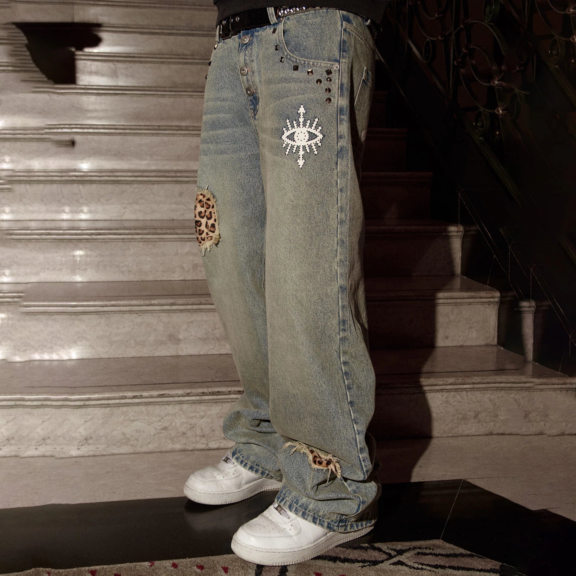 PHANTOMHUNTER Washed Leopard Patch Baggy Jeans
