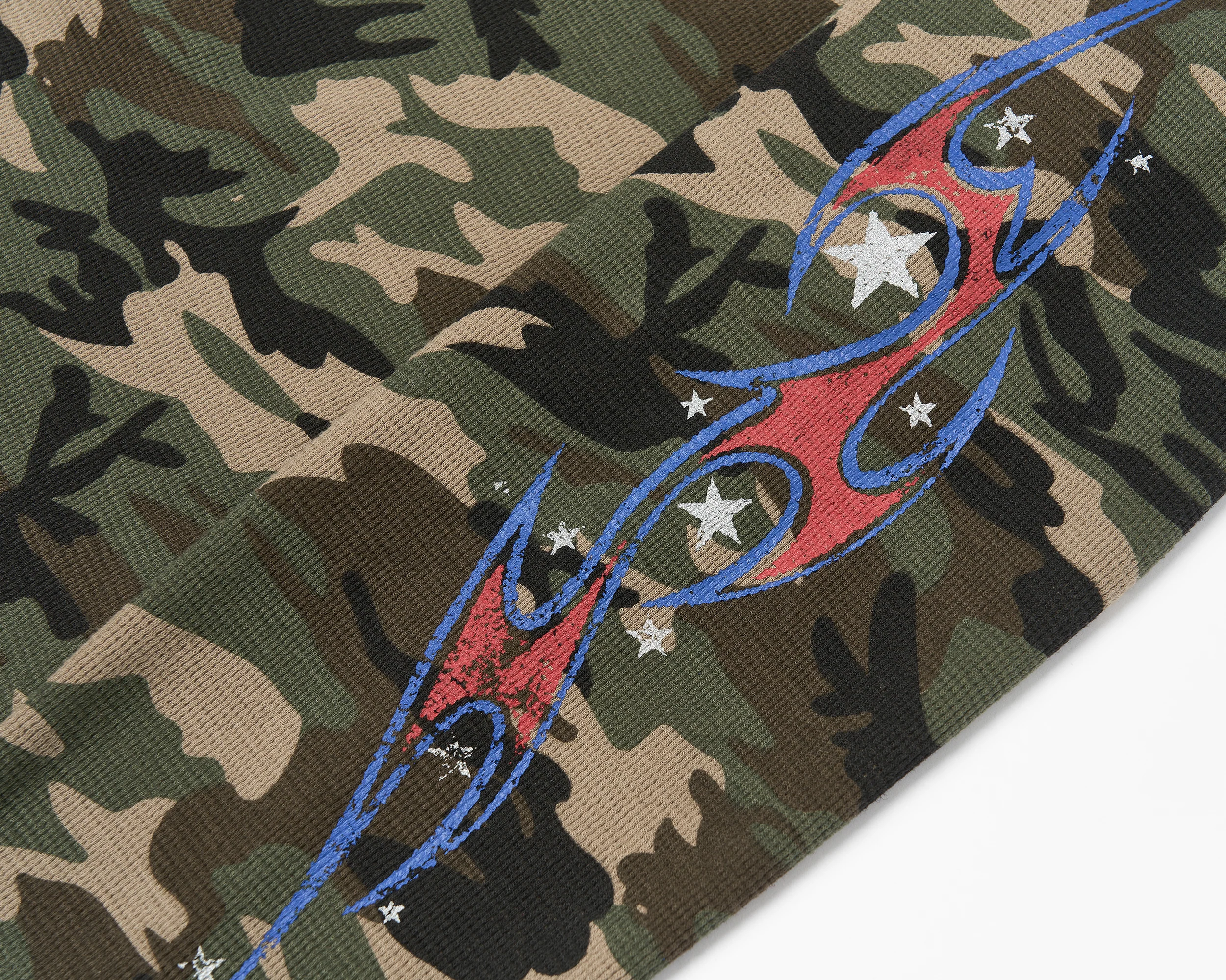 SAVAGEGROWTHWORLD Camo Waffle Knit Graphic Long-Sleeve Tee