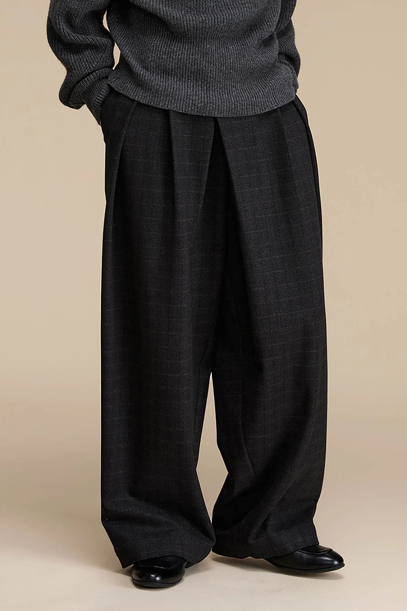 OPICLOTH Plaid Crinkled Wide-Leg Trousers