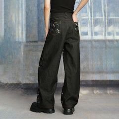 TUIMU Beaded Floral Embroidered Wide-Leg Denim Trousers