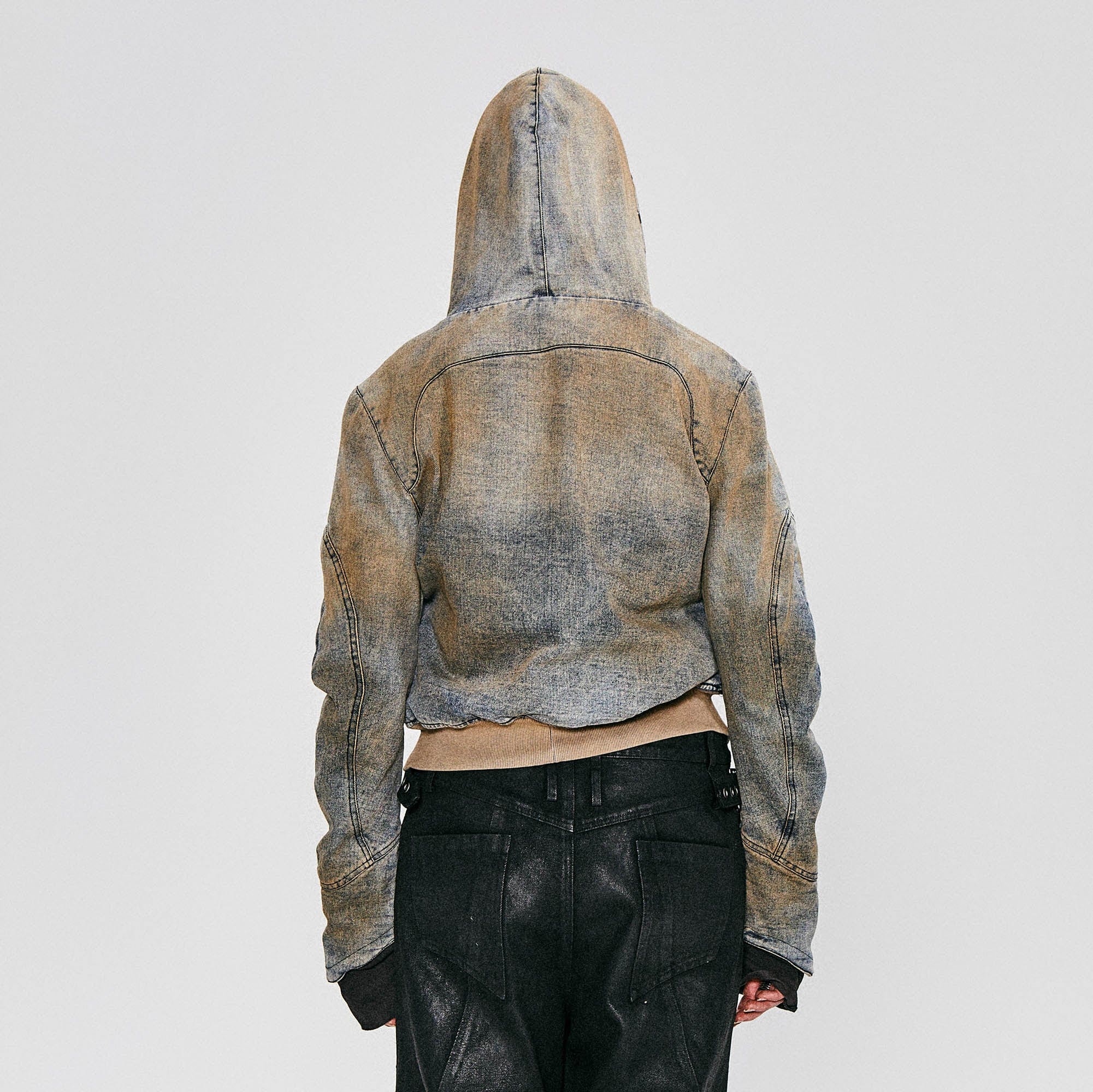 FLYERRER Distressed Spliced Studded Hooded Short Denim Jacket