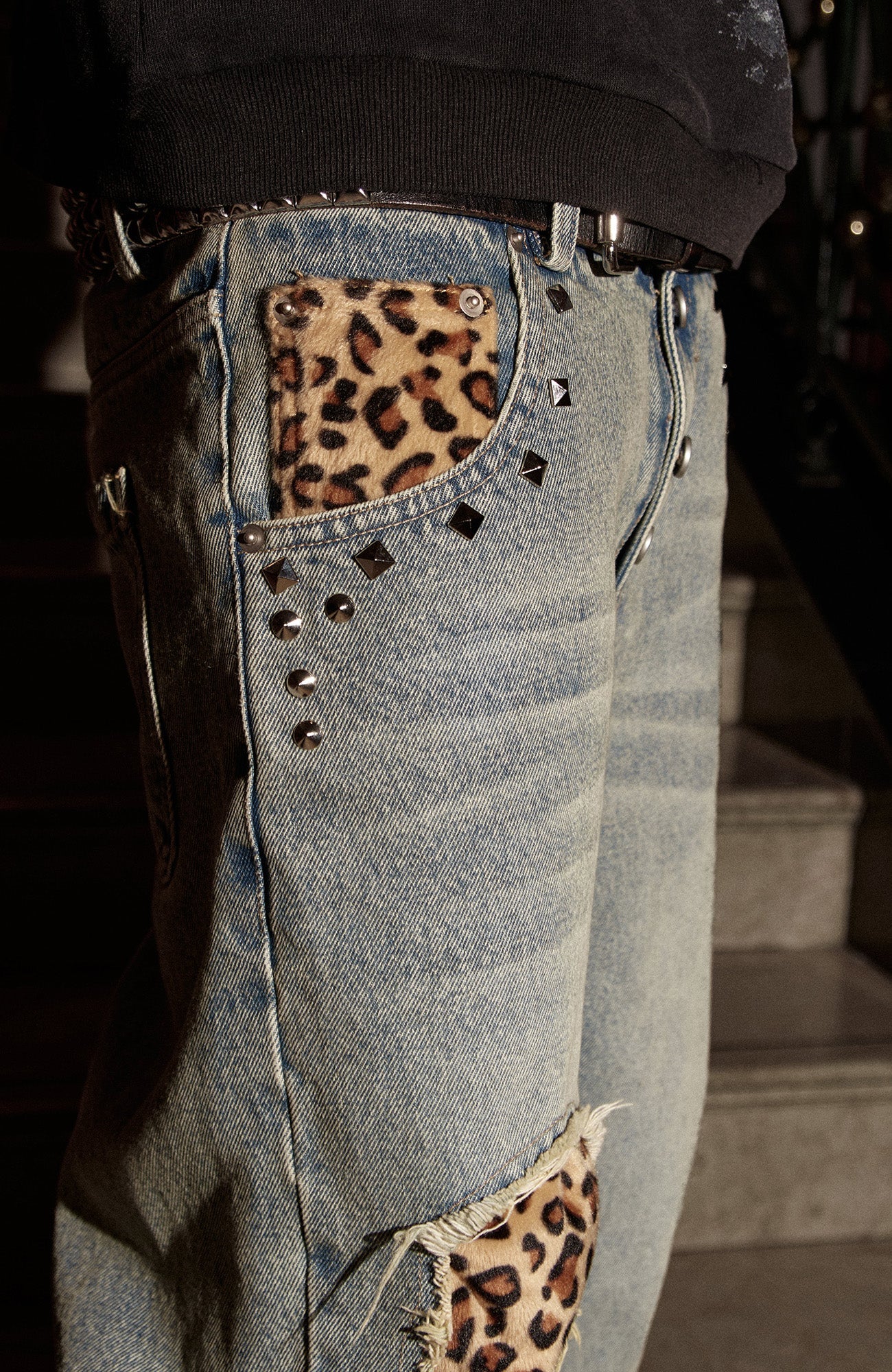 PHANTOMHUNTER Washed Leopard Patch Baggy Jeans