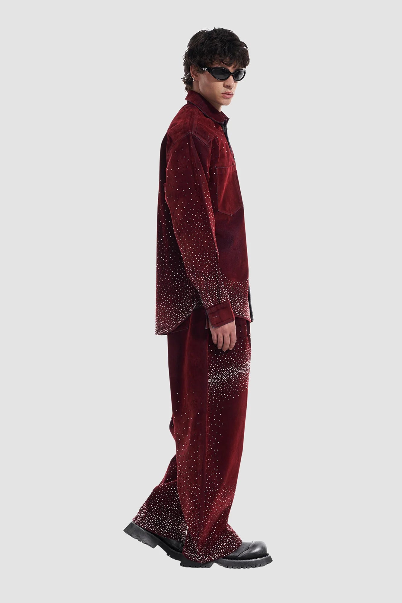 VANN VALRENCE Diamond-Studded Velvet Barrel Leg Trousers