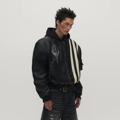 SAVAGEGROWTHWORLD Striped Faux Leather Padded Bomber Jacket
