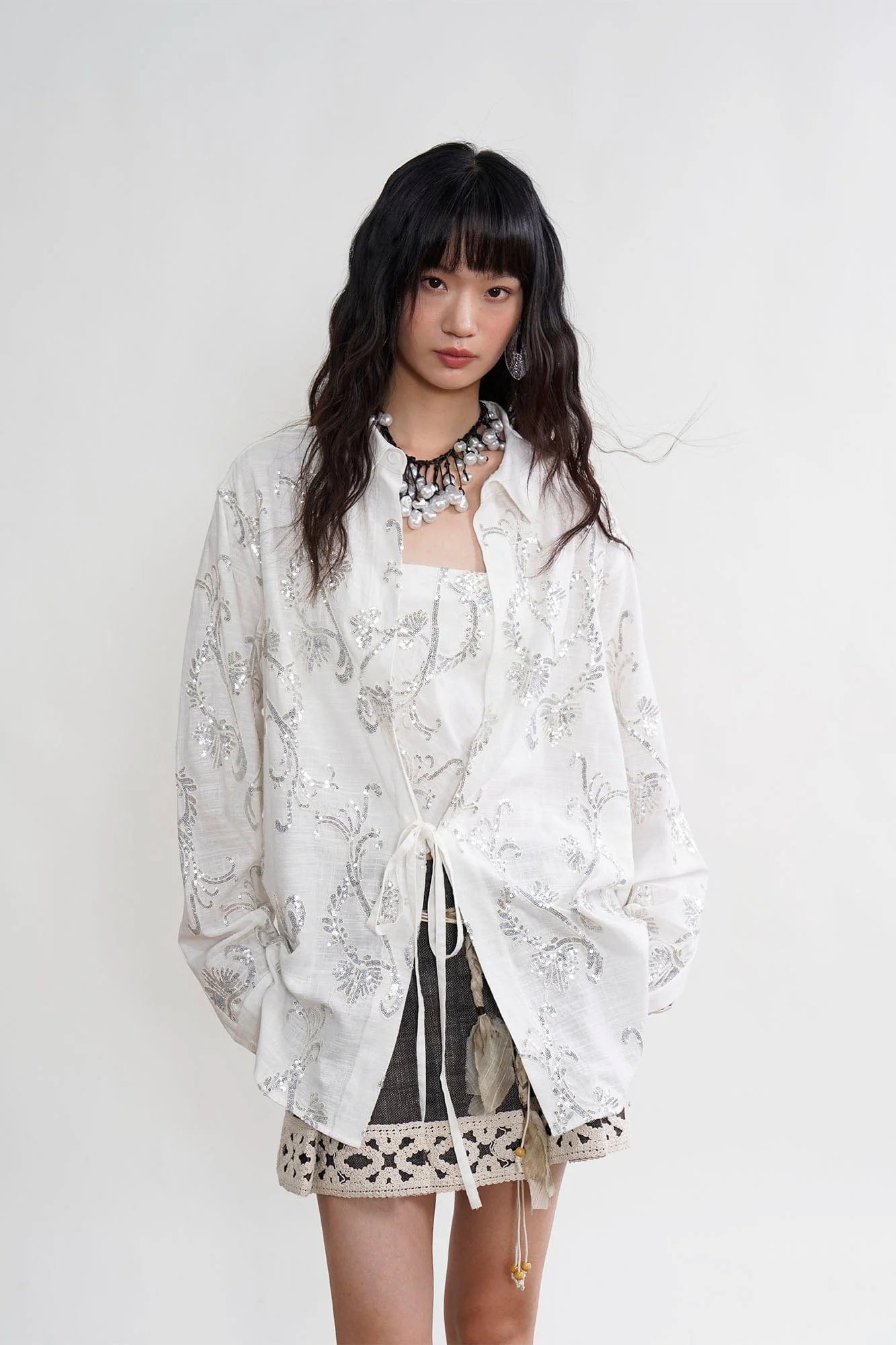 ORAL UTOPIA Ornate Sequin Embroidered Linen-Blended Tie Shirt