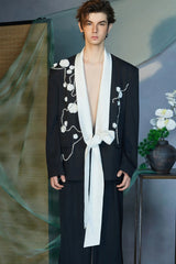 JIECHI Floral Embroidered Sash Tie Blazer