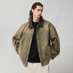 ORGANIC EMOTION Washed Contrast Collar Oversized Snap Jacket