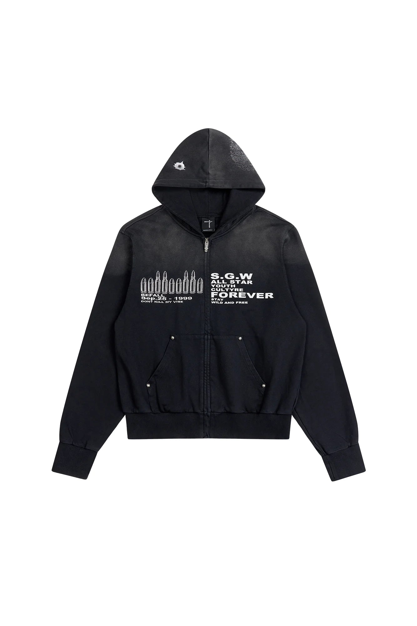 SAVAGEGROWTHWORLD Bullet Hole Graphic Washed Zip-Up Hoodie