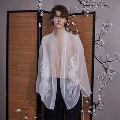 JIECHI Feathered Sequin Sheer Kimono Jacket
