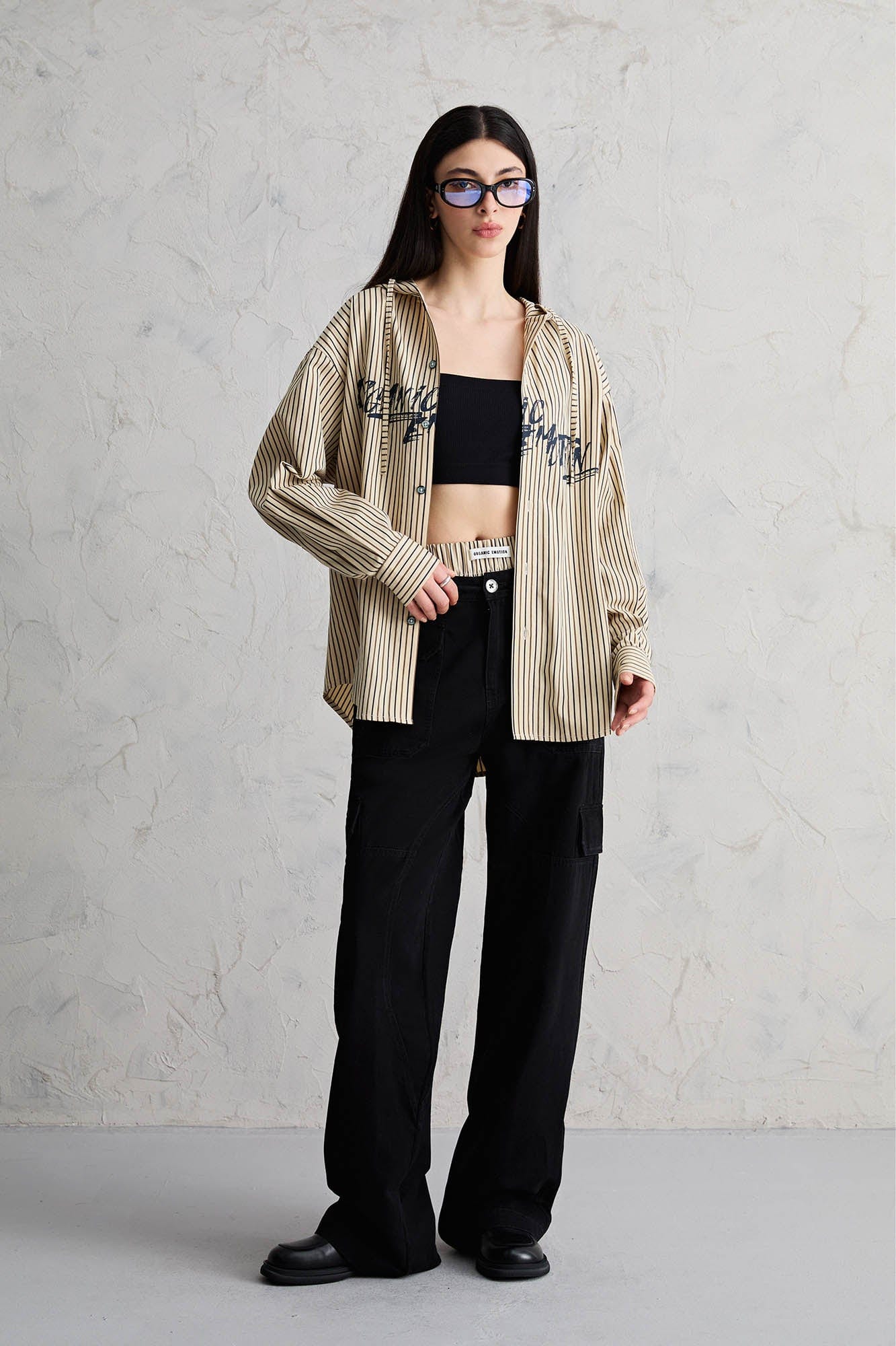 ORGANIC EMOTION Striped Drawstring Hooded Shirt