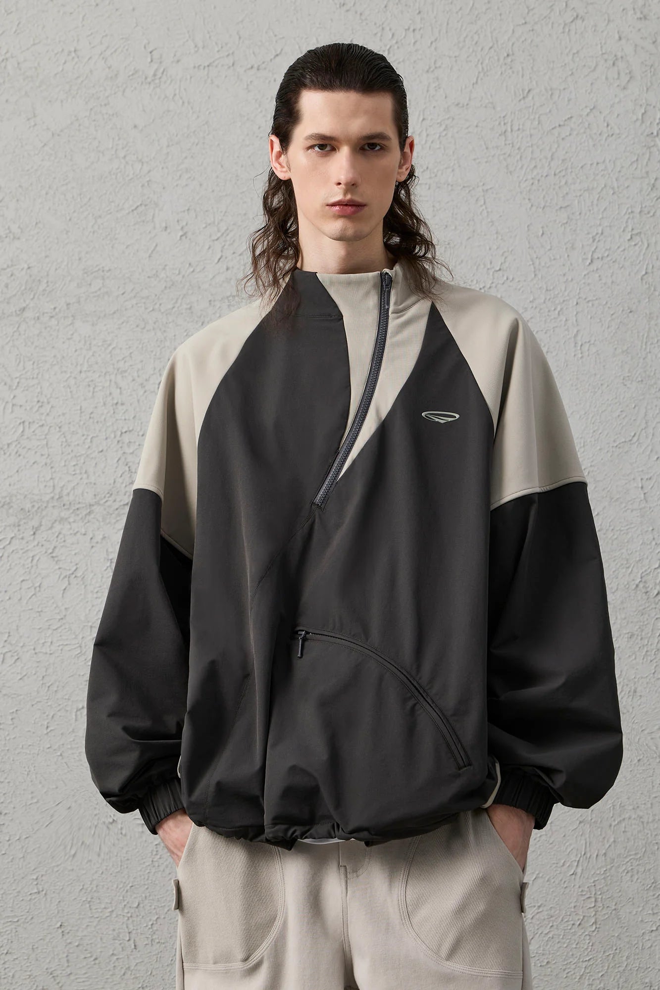 ORGANIC EMOTION Contrast Diagonal Half Zip Oversized  Windbreaker