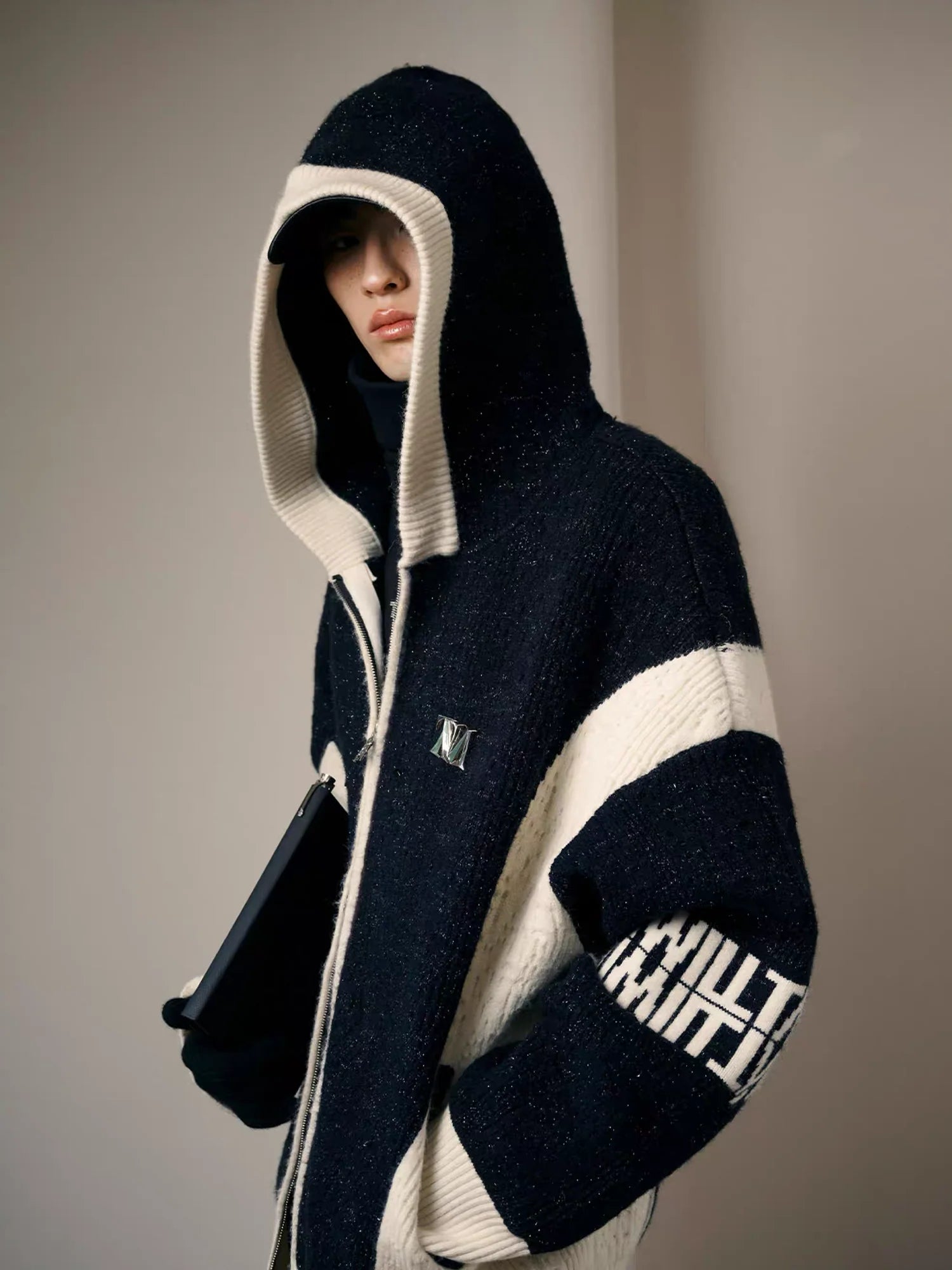 TIWILLTANG Contrast Trim Dual-Zip LOGO Chunky Knit Jacket