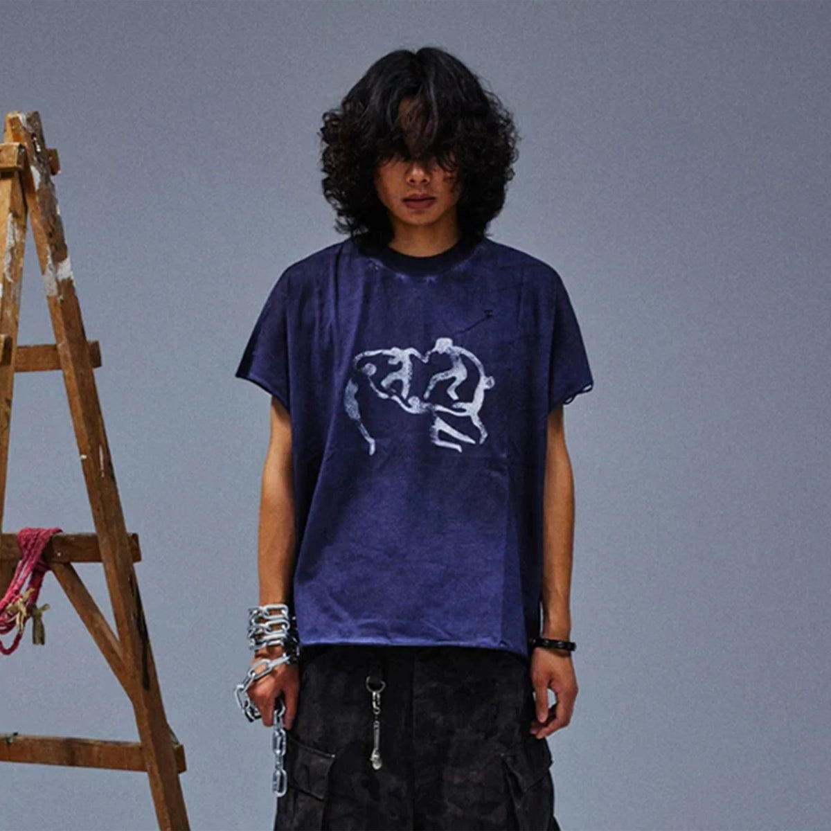 TECNINEGROUP Distressed Blue-Dyed Graphic T-Shirt