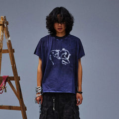 TECNINEGROUP Distressed Blue-Dyed Graphic T-Shirt