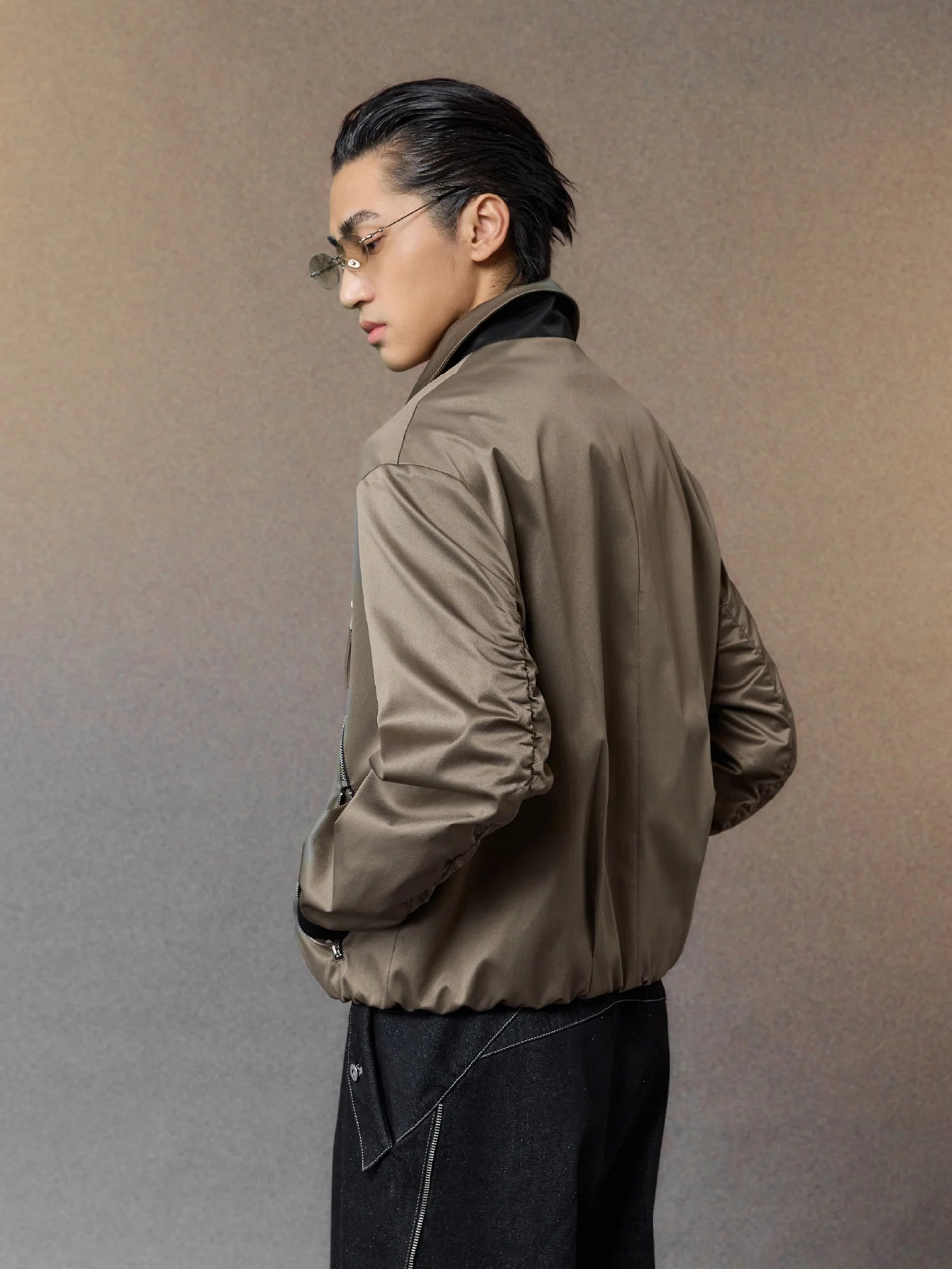 ALVNG AR ANTS Ruched-Sleeve Dual-Zips Bomber Jacket