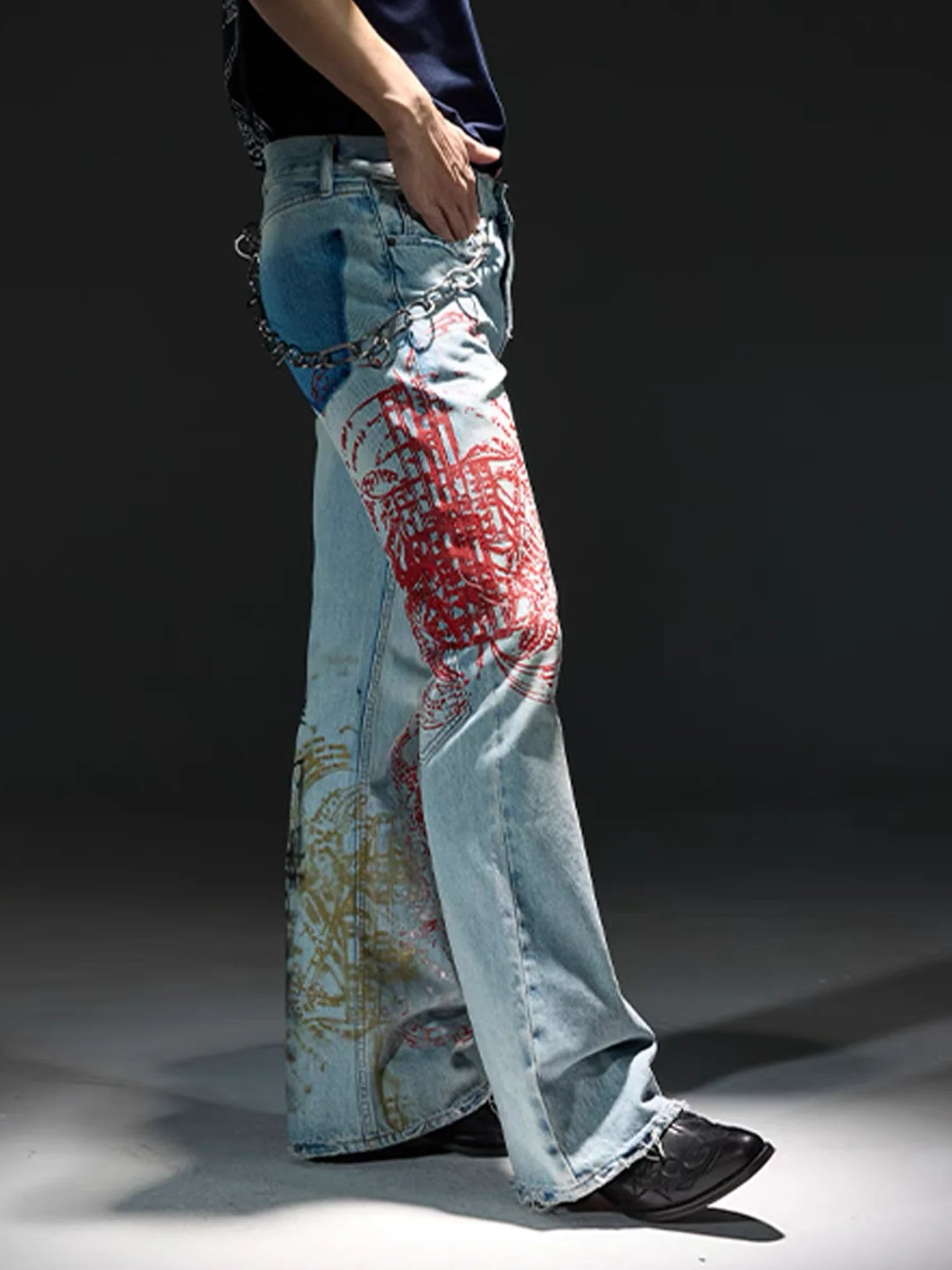 NOTHINGNESS WORLD Distressed Stamp-Print Flare Jeans
