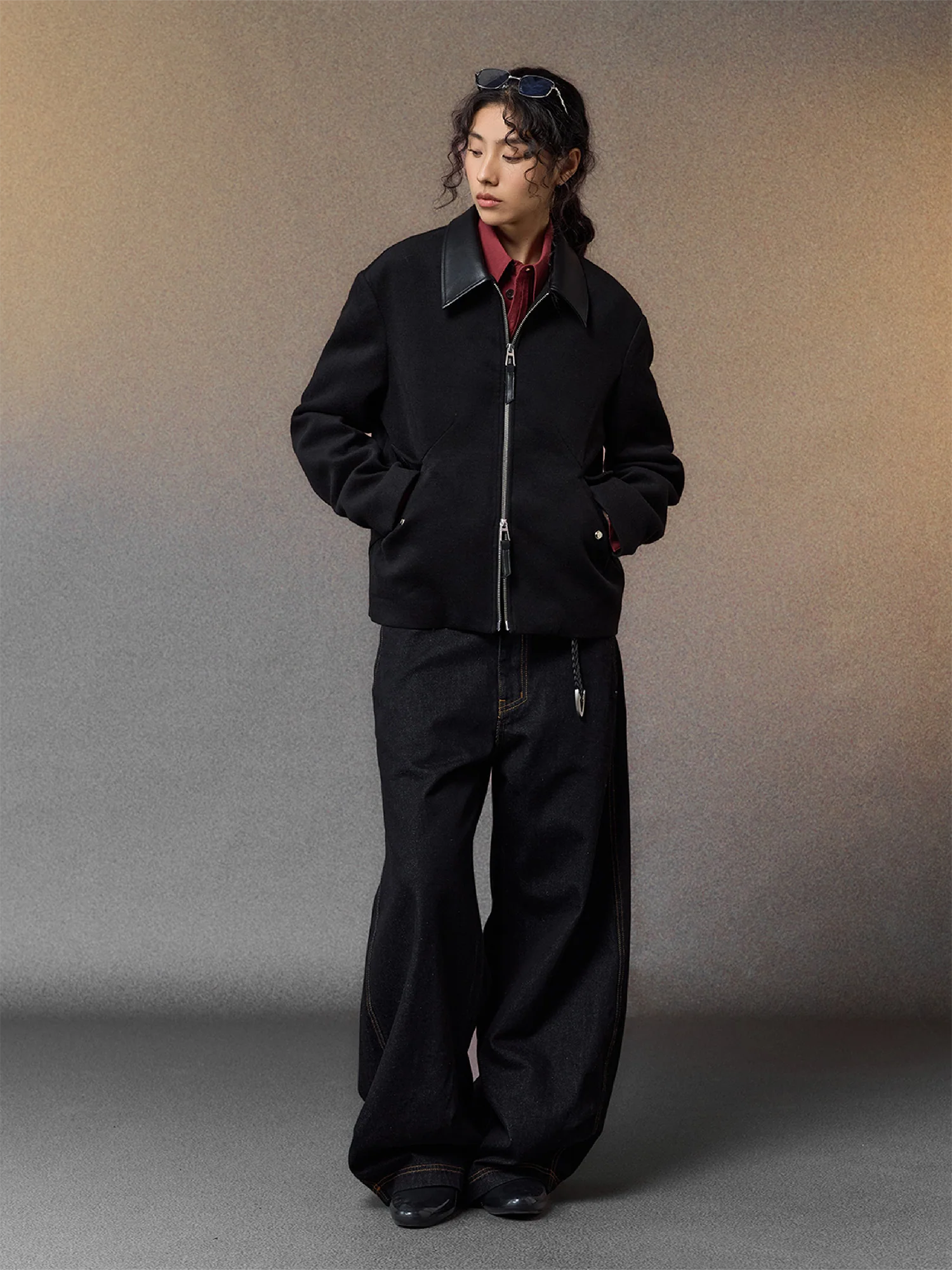 ALVNG AR ANTS PU Collar Wool-Blend Jacket