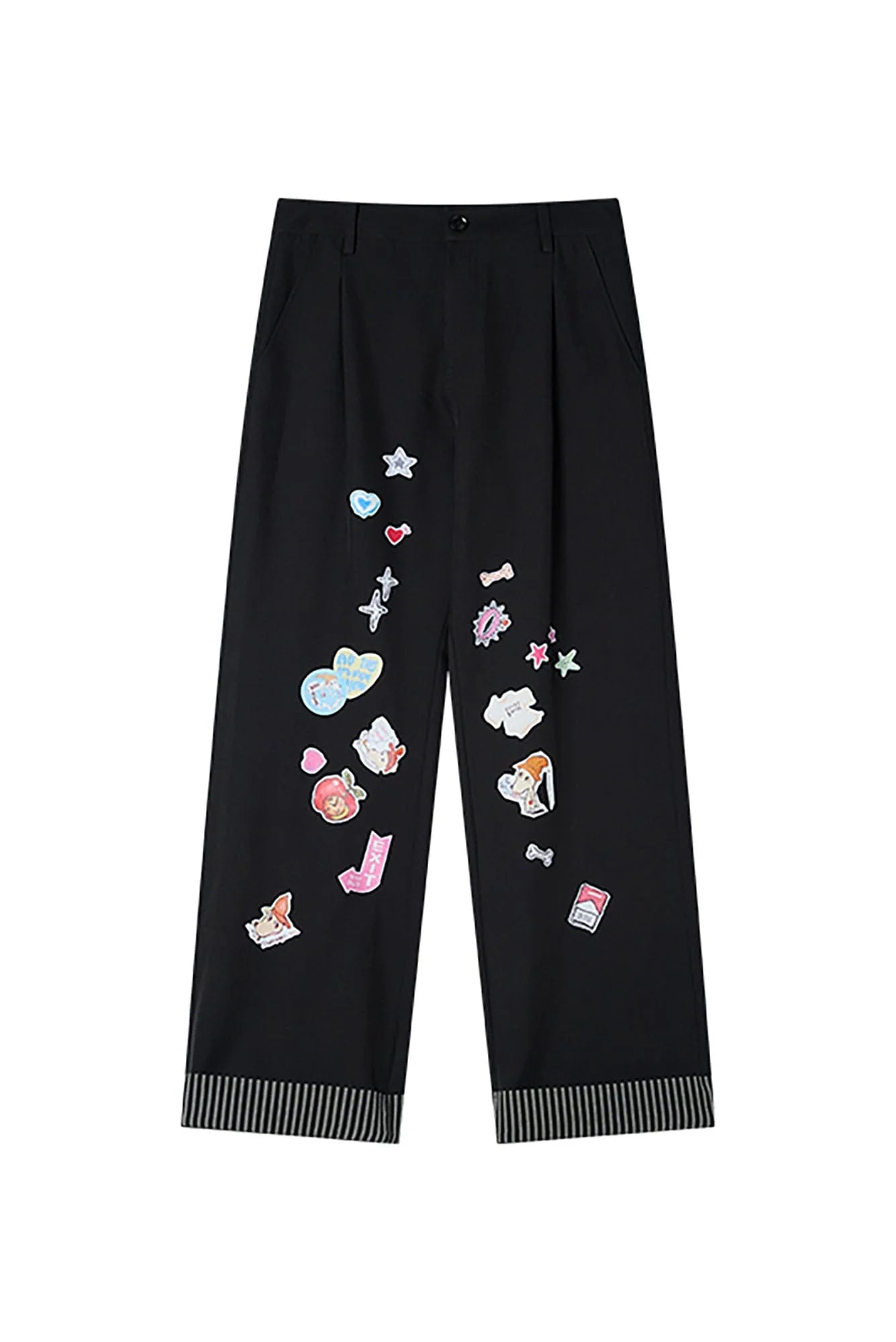 DONSMOKE Puppy Sticker Fold Striped Hem Trousers