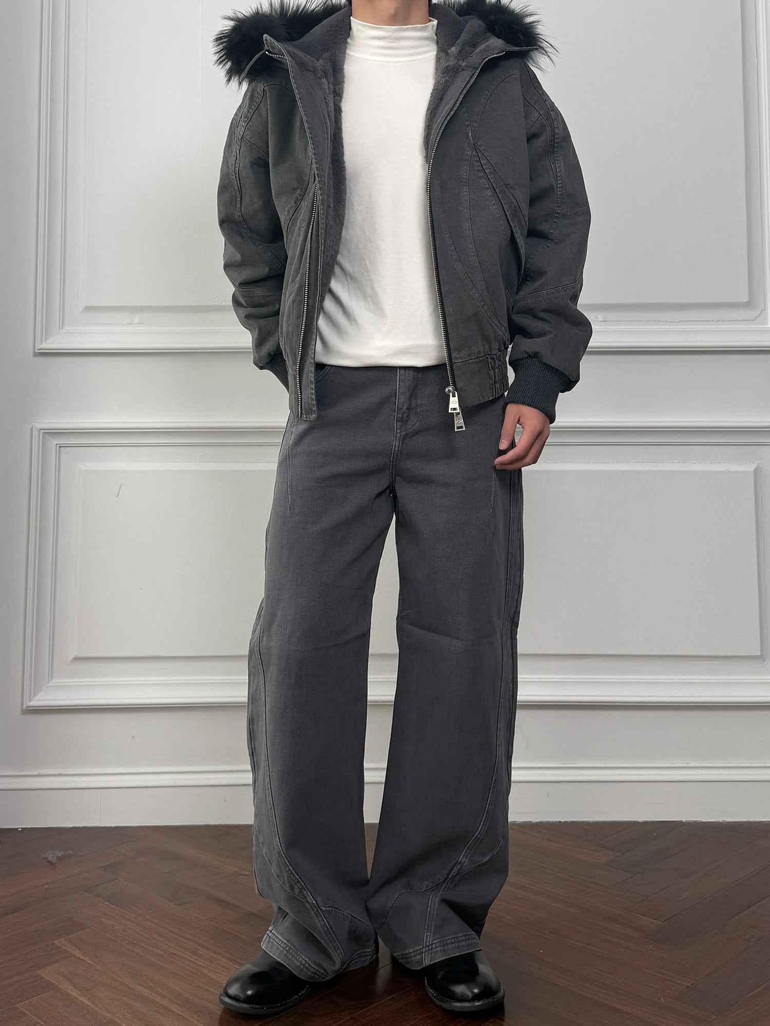 CATSSTAC Detachable Faux Fur Trim Panel Bomber Jacket