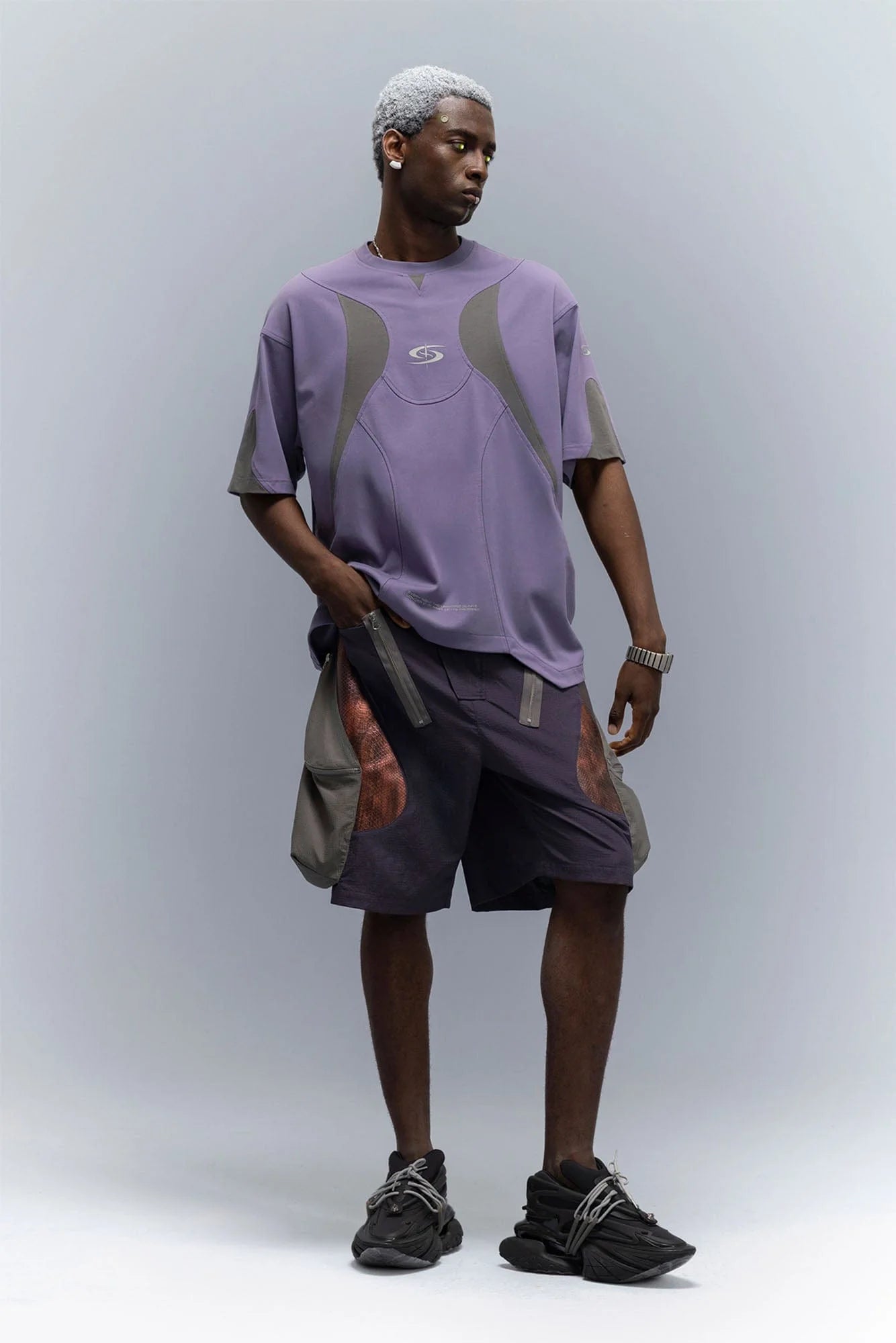 XIPHEVIL Snake Skin Contrast Panel Multi-Pocket Shorts