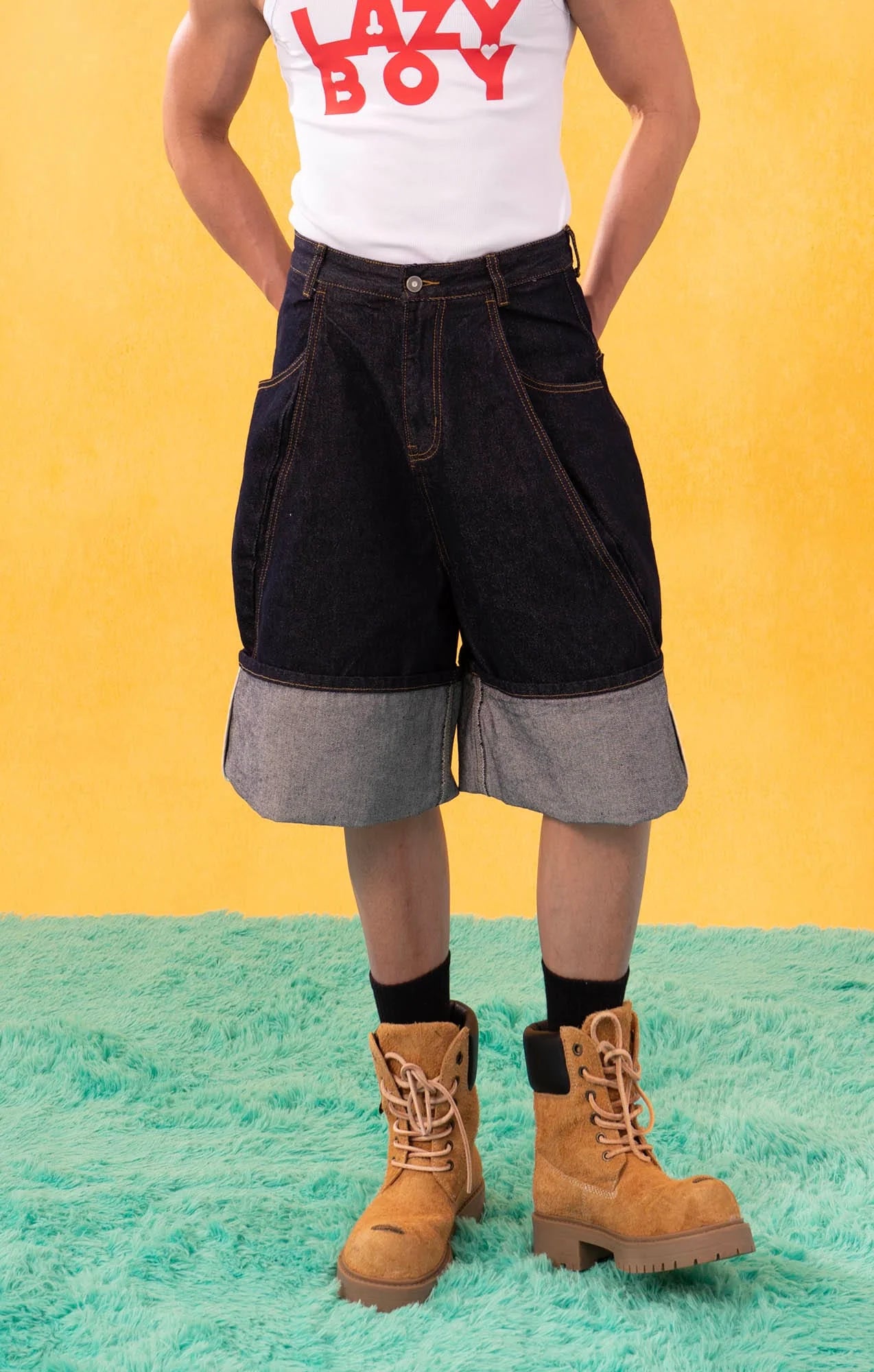 CLP Folded-Hem Spliced Denim Shorts