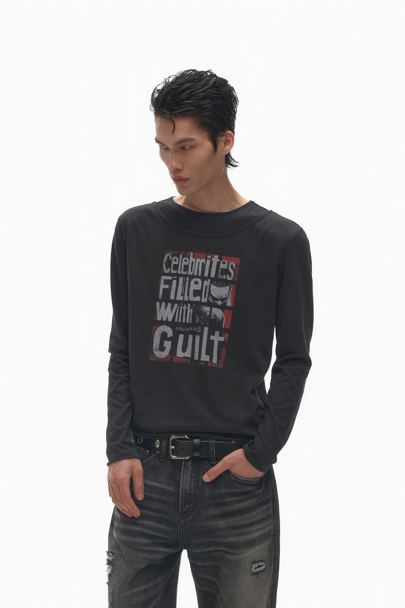 SAVAGEGROWTHWORLD Graphic Double-Layer Neckline Long-Sleeve Tee