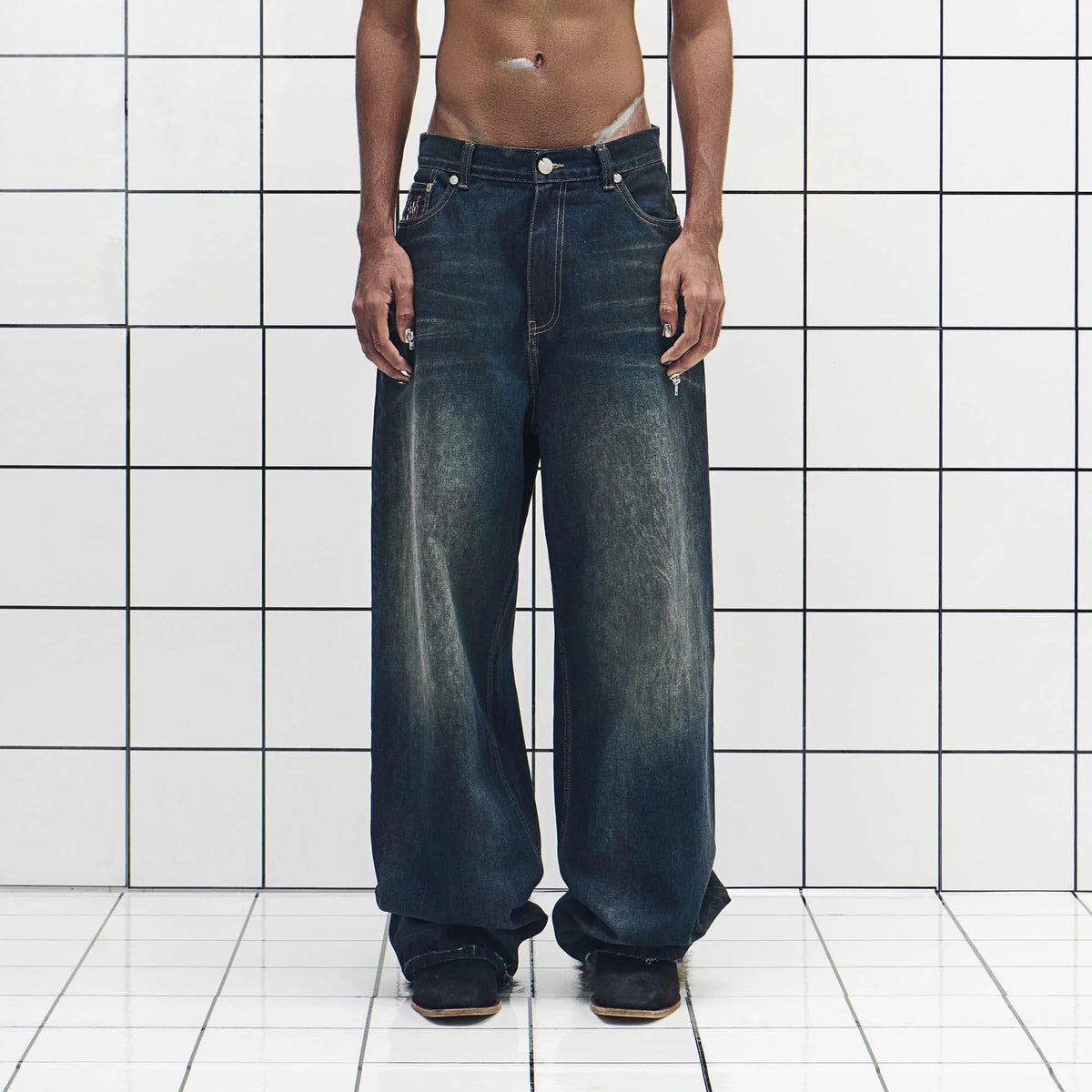 455EMBLE Washed PU-Pocket Baggy Jeans
