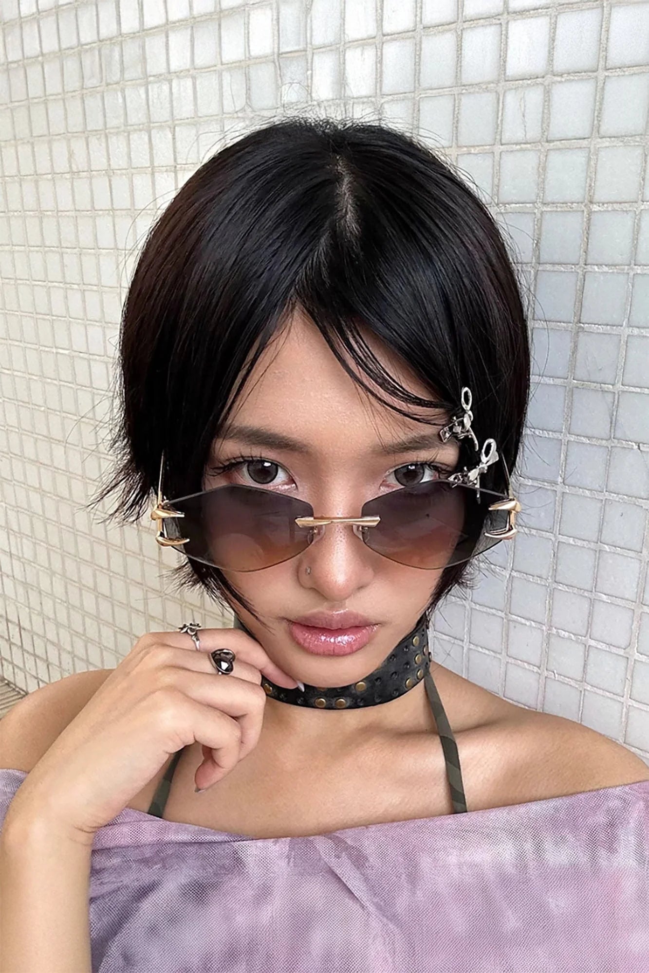 DAMAGE ASIA Claw Temple Gradient Hex Lens Rimless Sunglasses