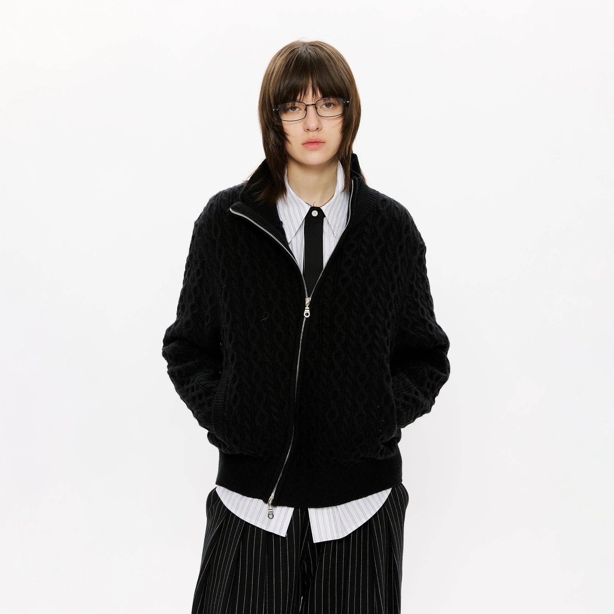 KREATE Asymmetrical Zip Cable-Knit Sweater