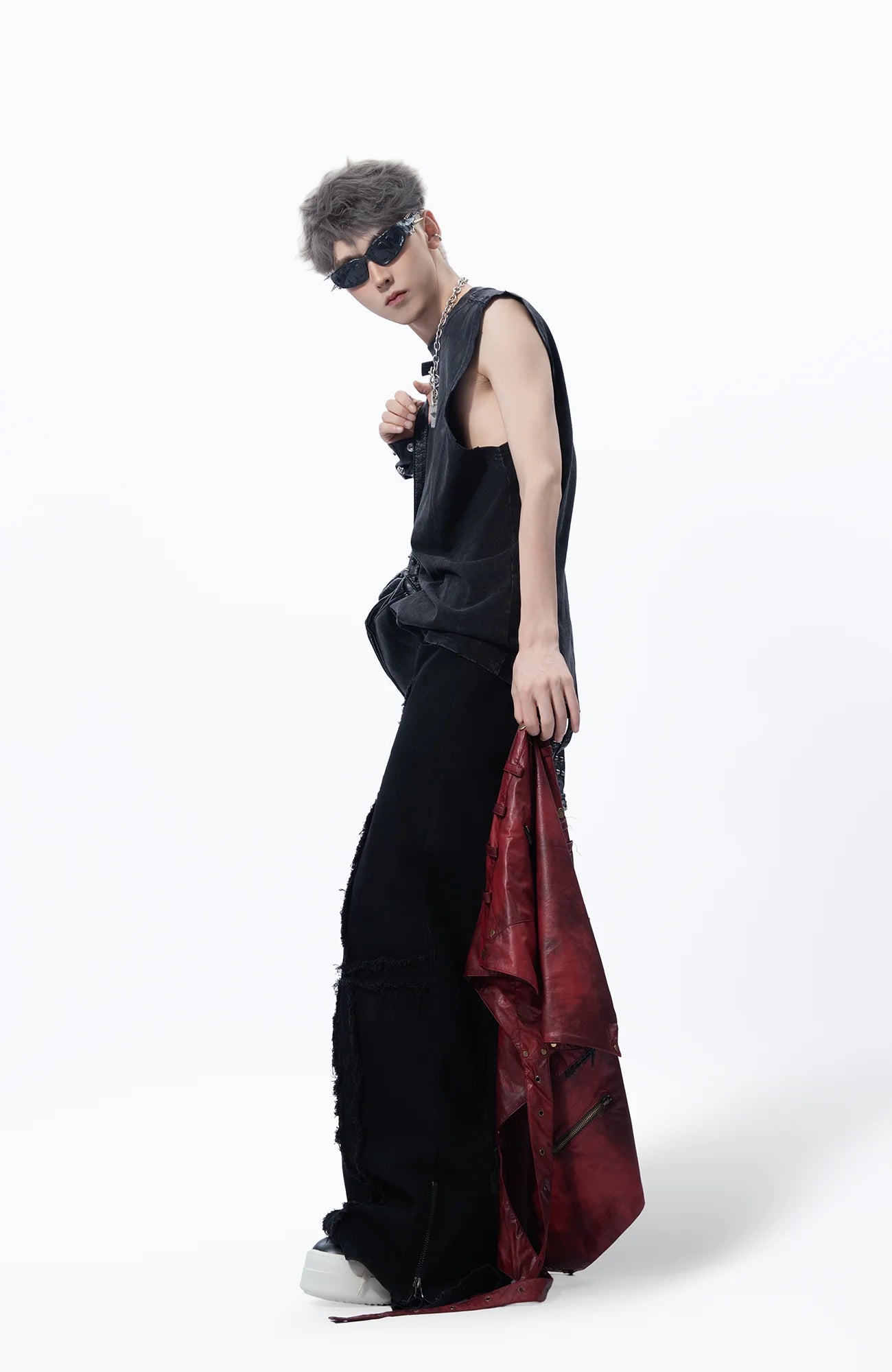 MOGONGSHE Detachable PU Drape  Frayed Cross Jeans
