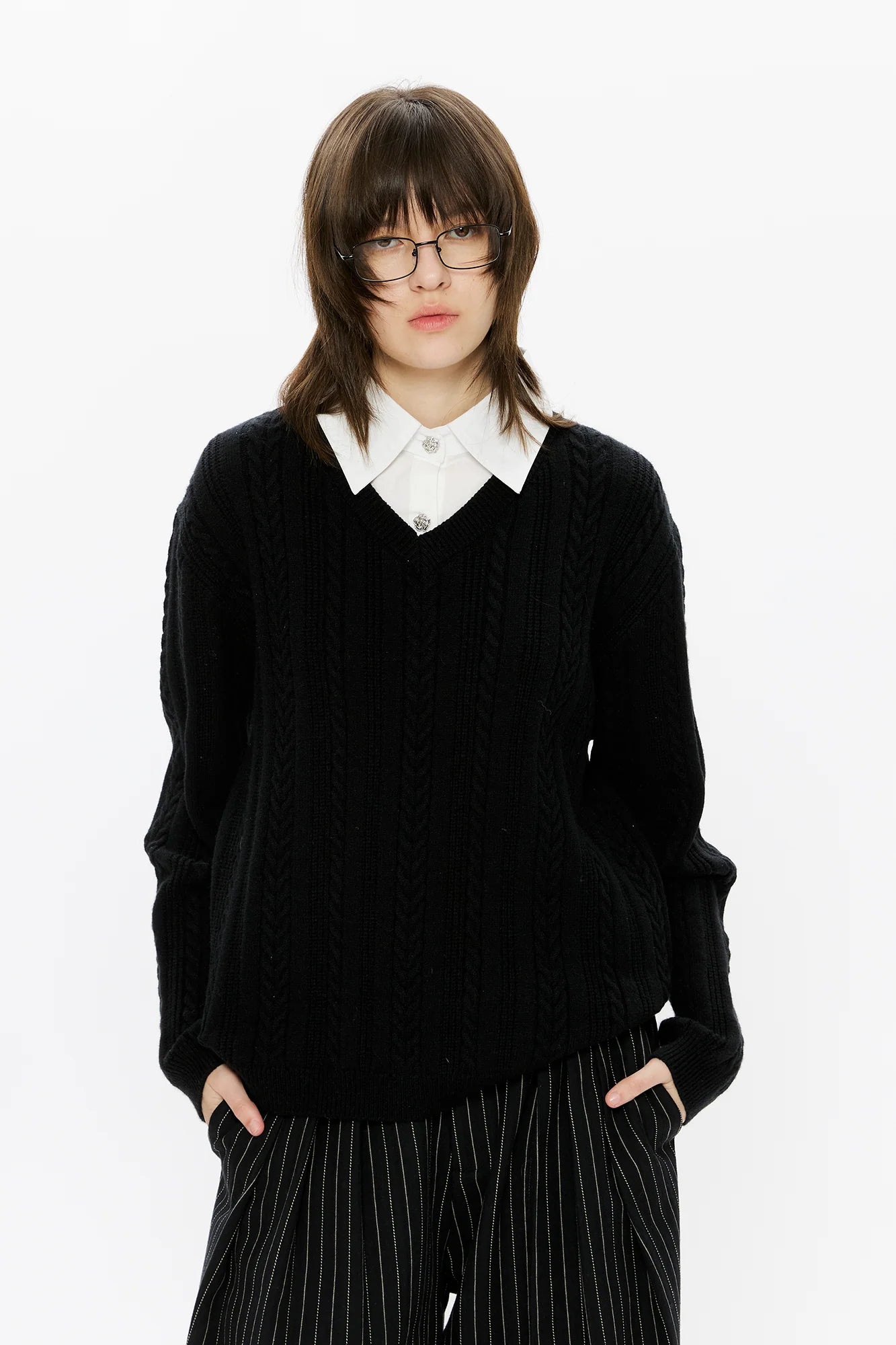 KREATE Cable-Knit Layered Shirt Sweater