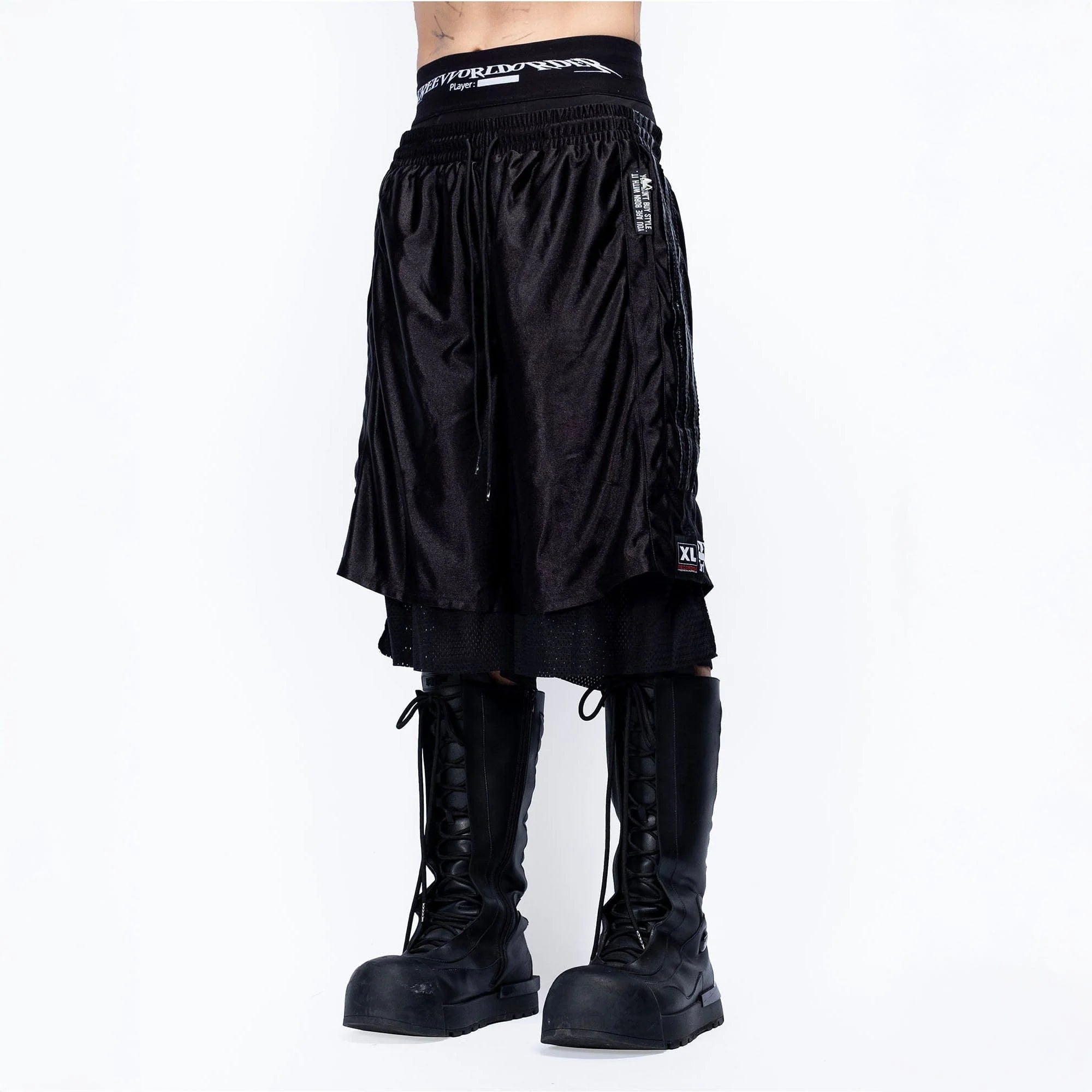 FVVO Layered Mesh Satin Striped Shorts