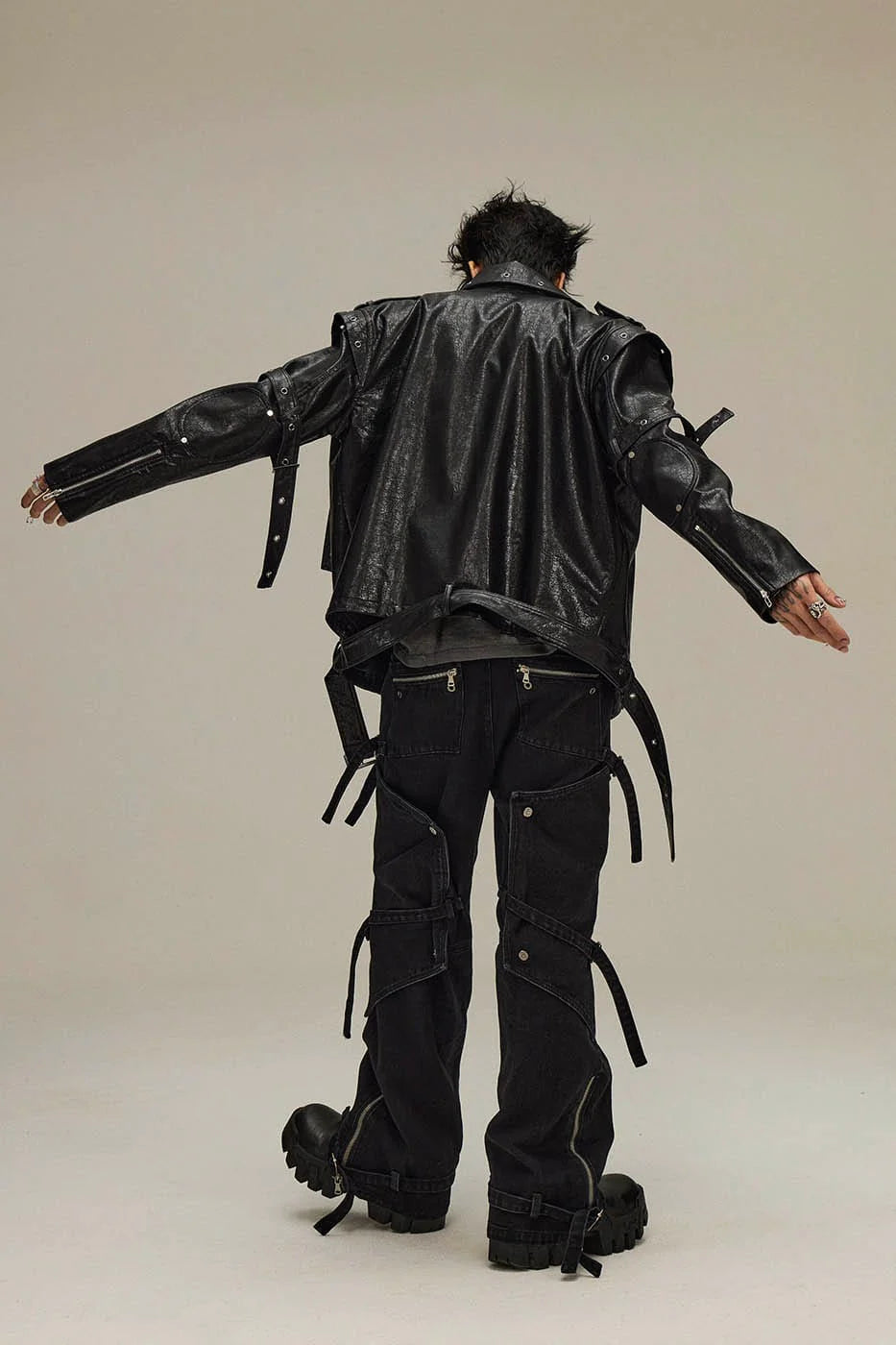 FLYERRER Spliced Faux-Layered Strap Zipper Pants