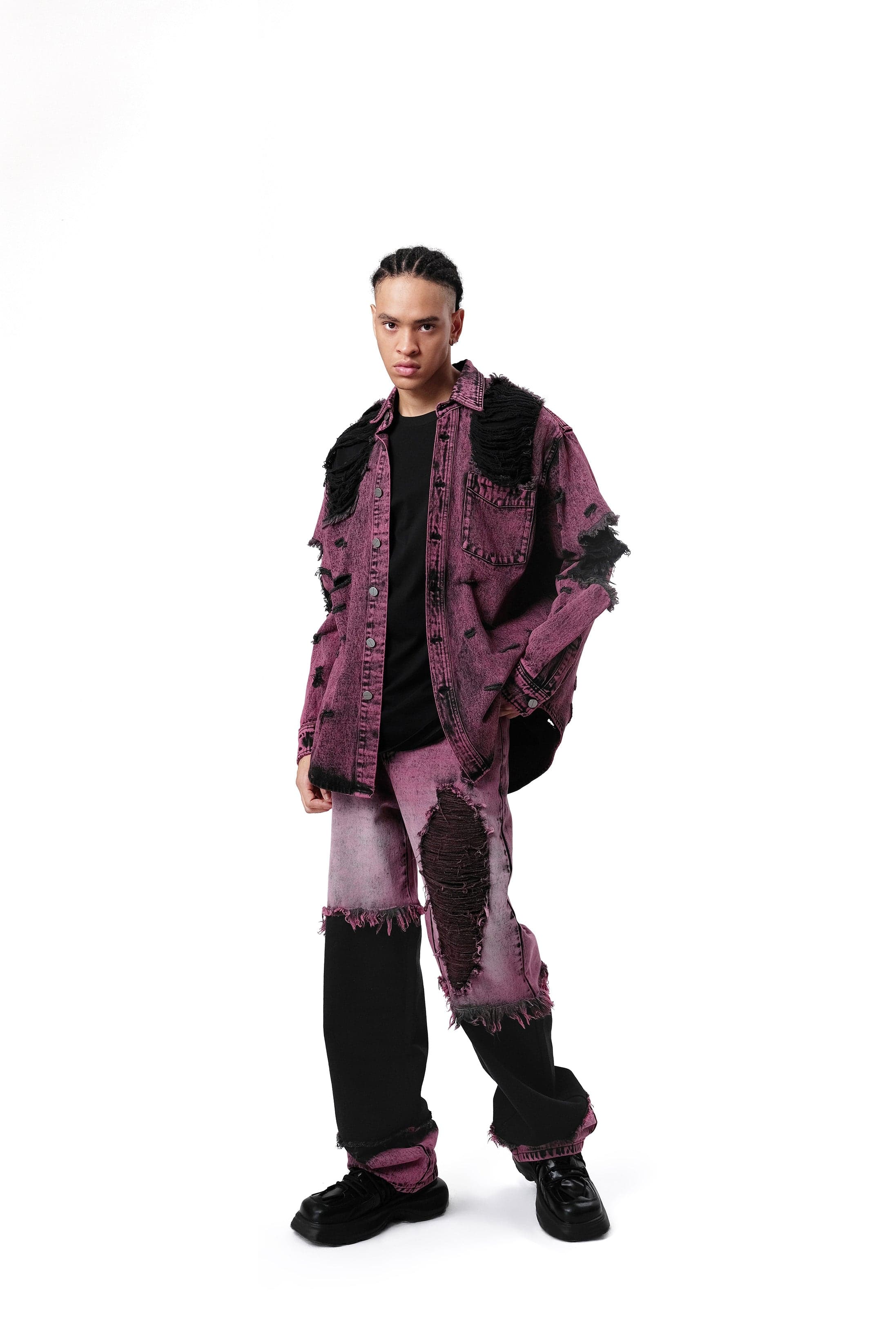 VANN VALRENCE Distressed Frayed Denim Shirt Jacket