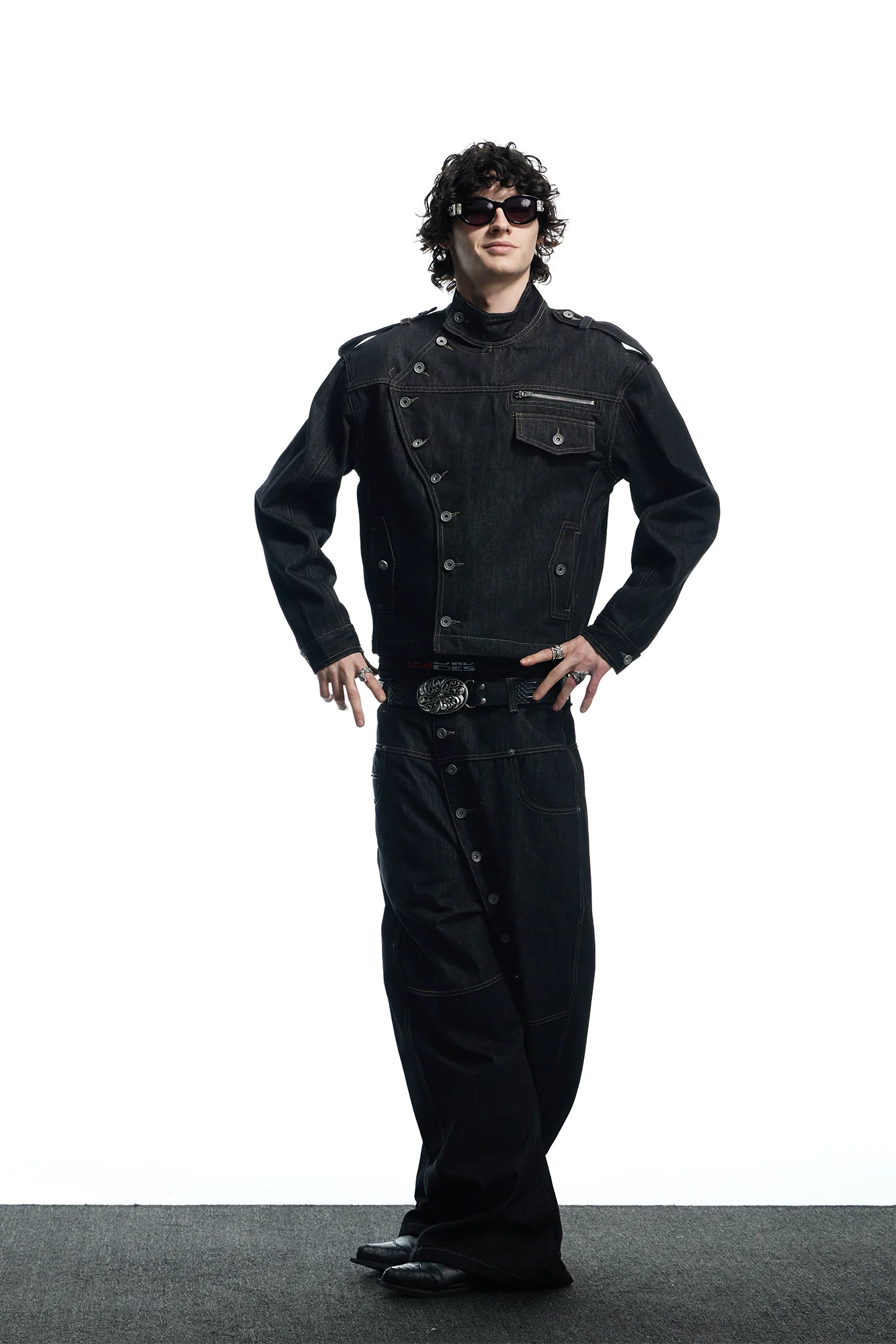 DND4DES Asymmetric Button Stand Collar Raw Denim Jacket