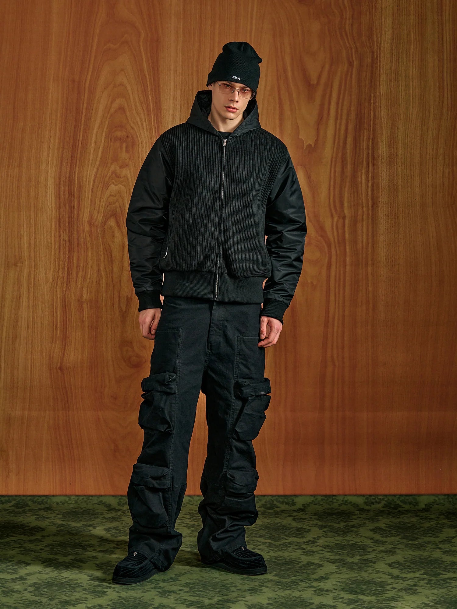 PMW Knitted Panel Ruched-Sleeve Hooded Jacket