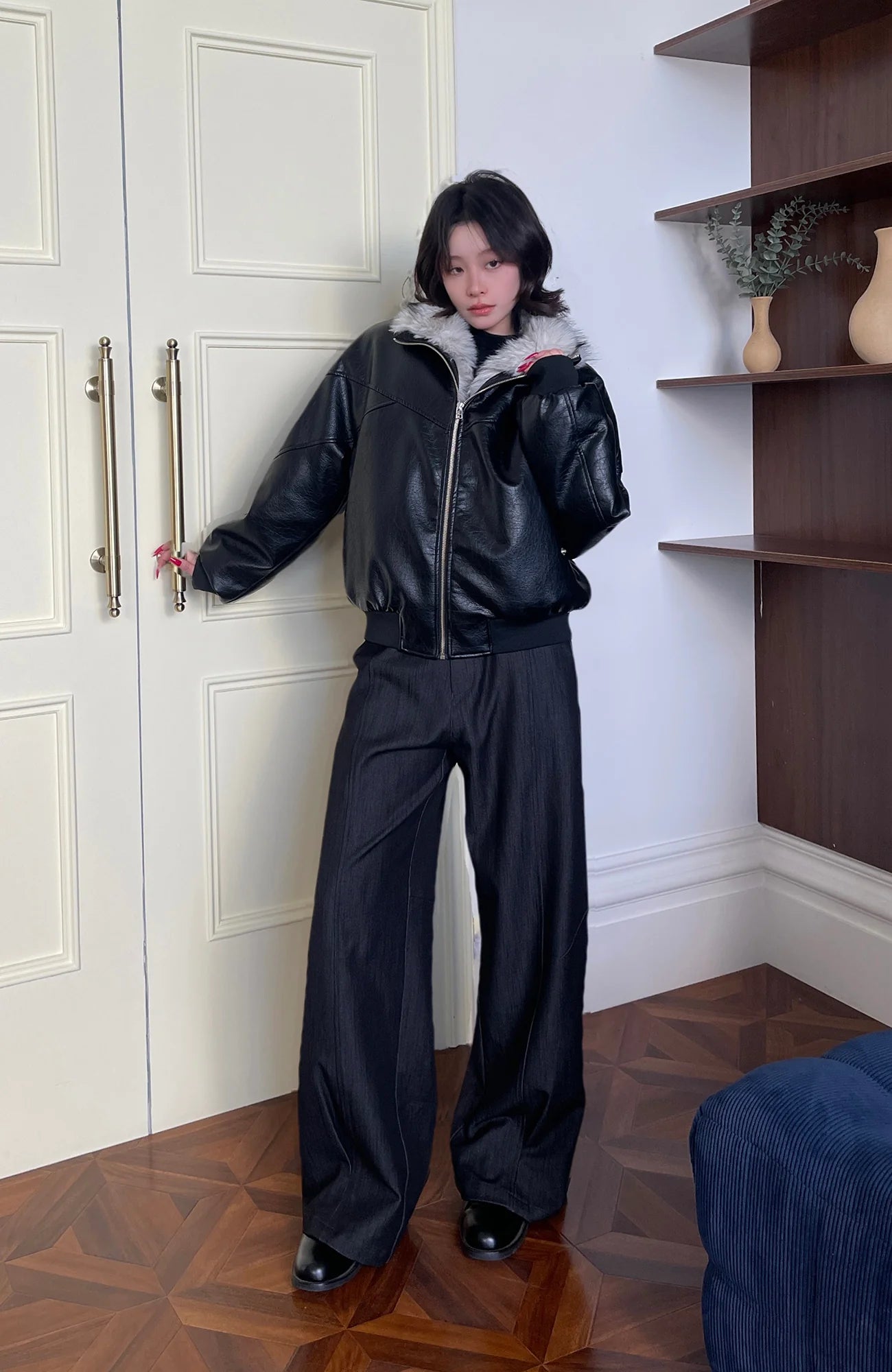 OKAYTHXBYE Faux Leather Fur-Lined Bomber