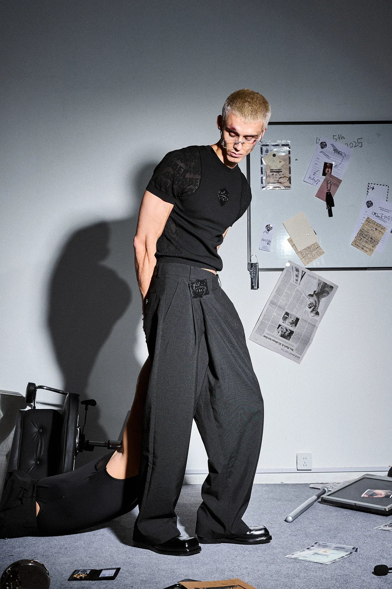 455EMBLE Asymmetric Waist Patch Wide-Leg Trousers