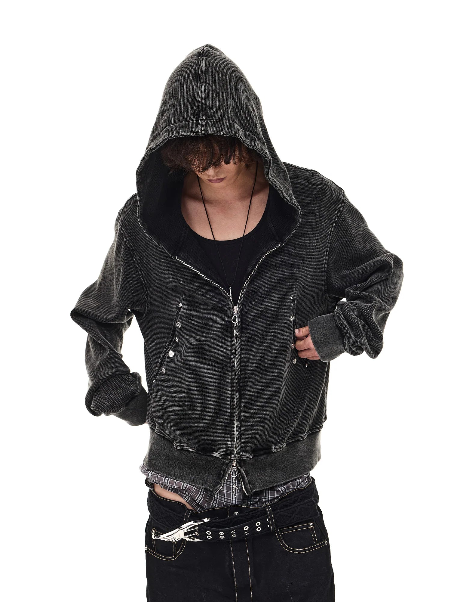 WHISTLEHUNTER Washed Waffle Studded Zip-Up Hoodie