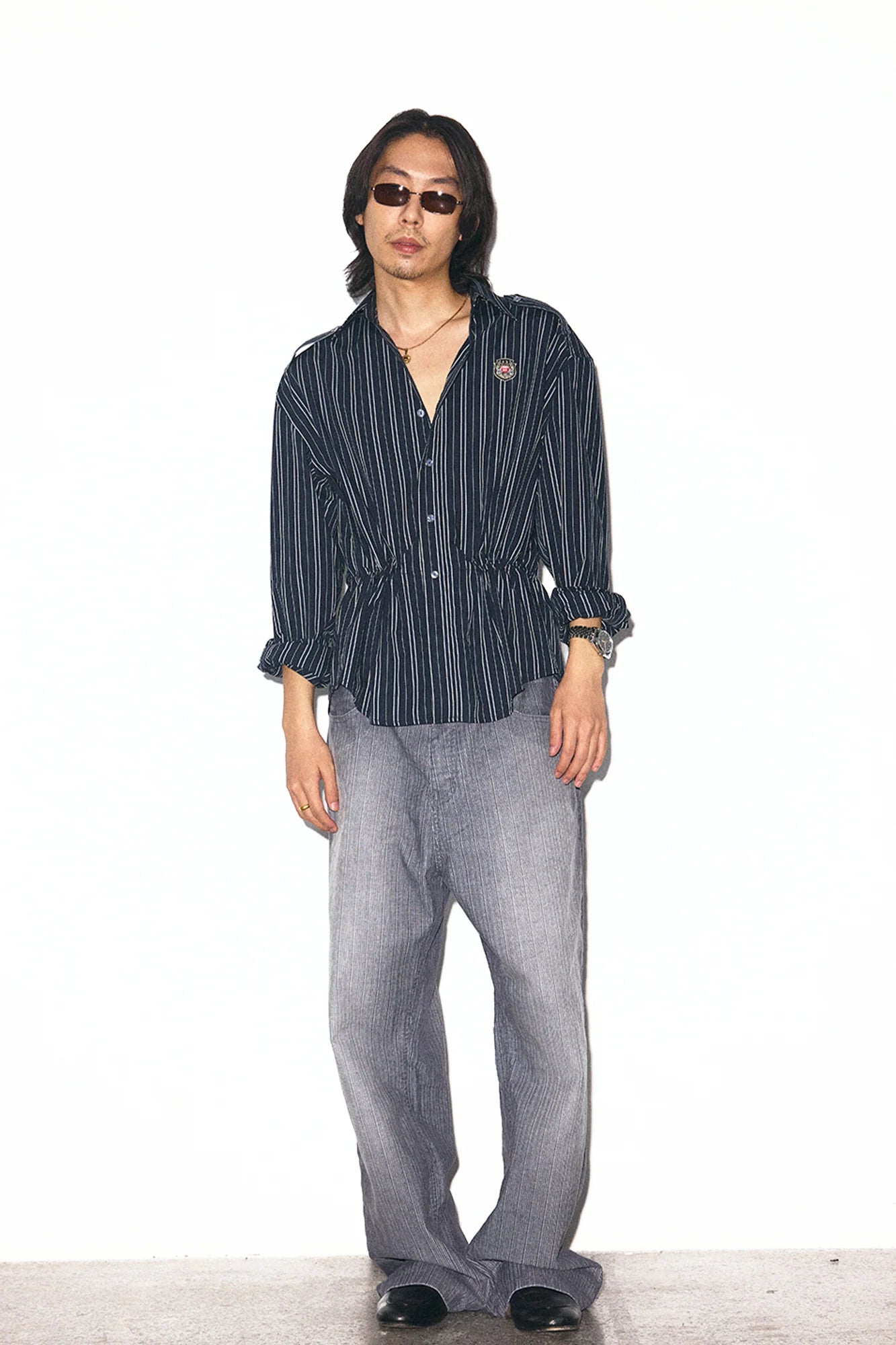 TRECLUB Striped Embroidered Drawstring-Waist Shirt