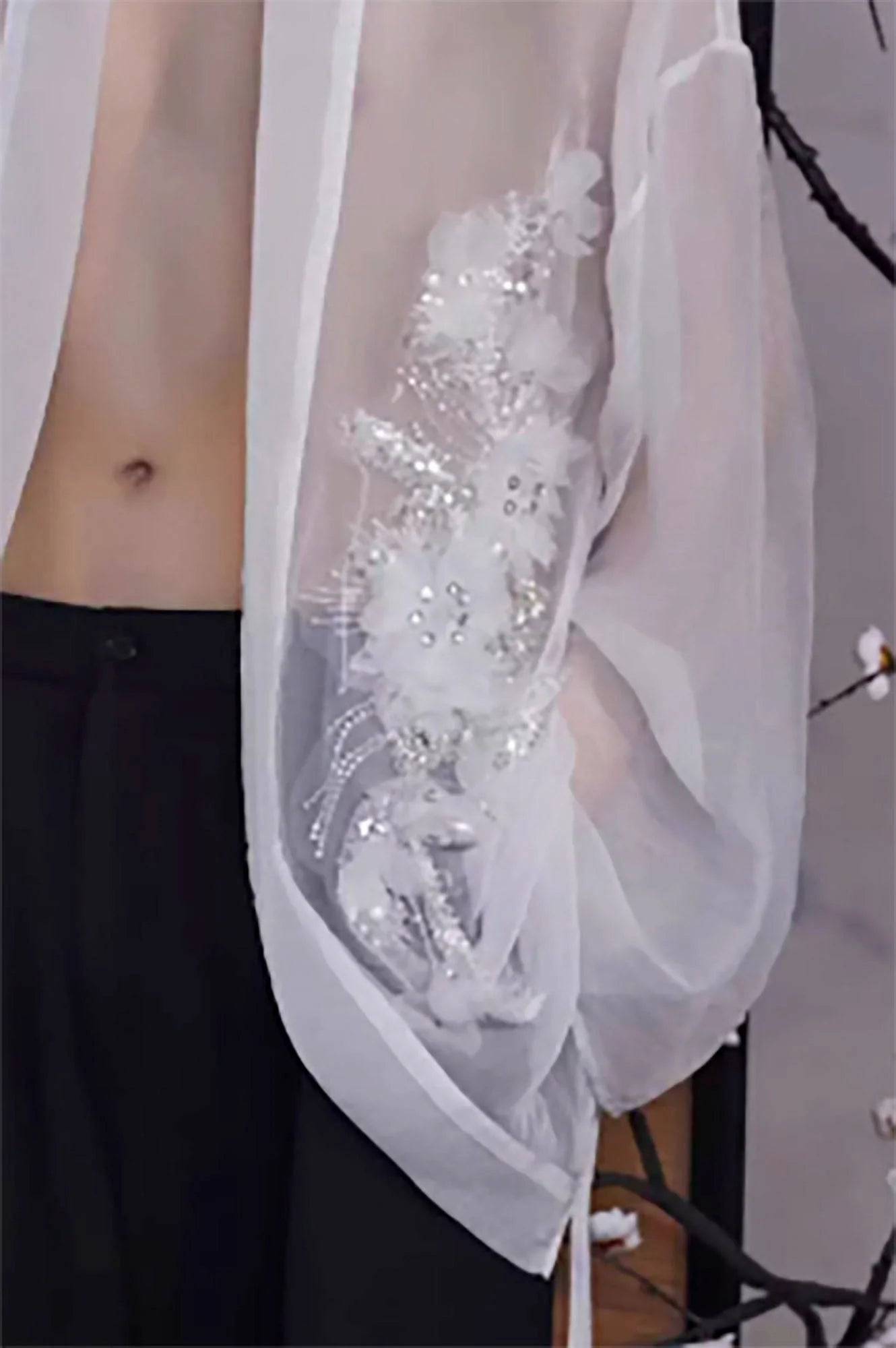 JIECHI Feathered Sequin Sheer Kimono Jacket