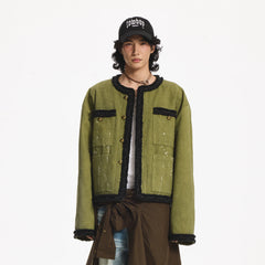 LEONSENSE Paneled Fleece Trim Paint-Splattered Jacket