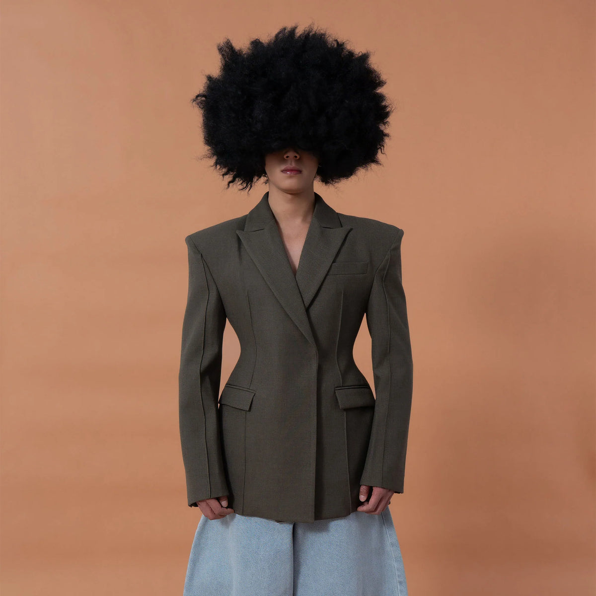 CLP Cinched-Waist Padded Shoulder Blazer Brown