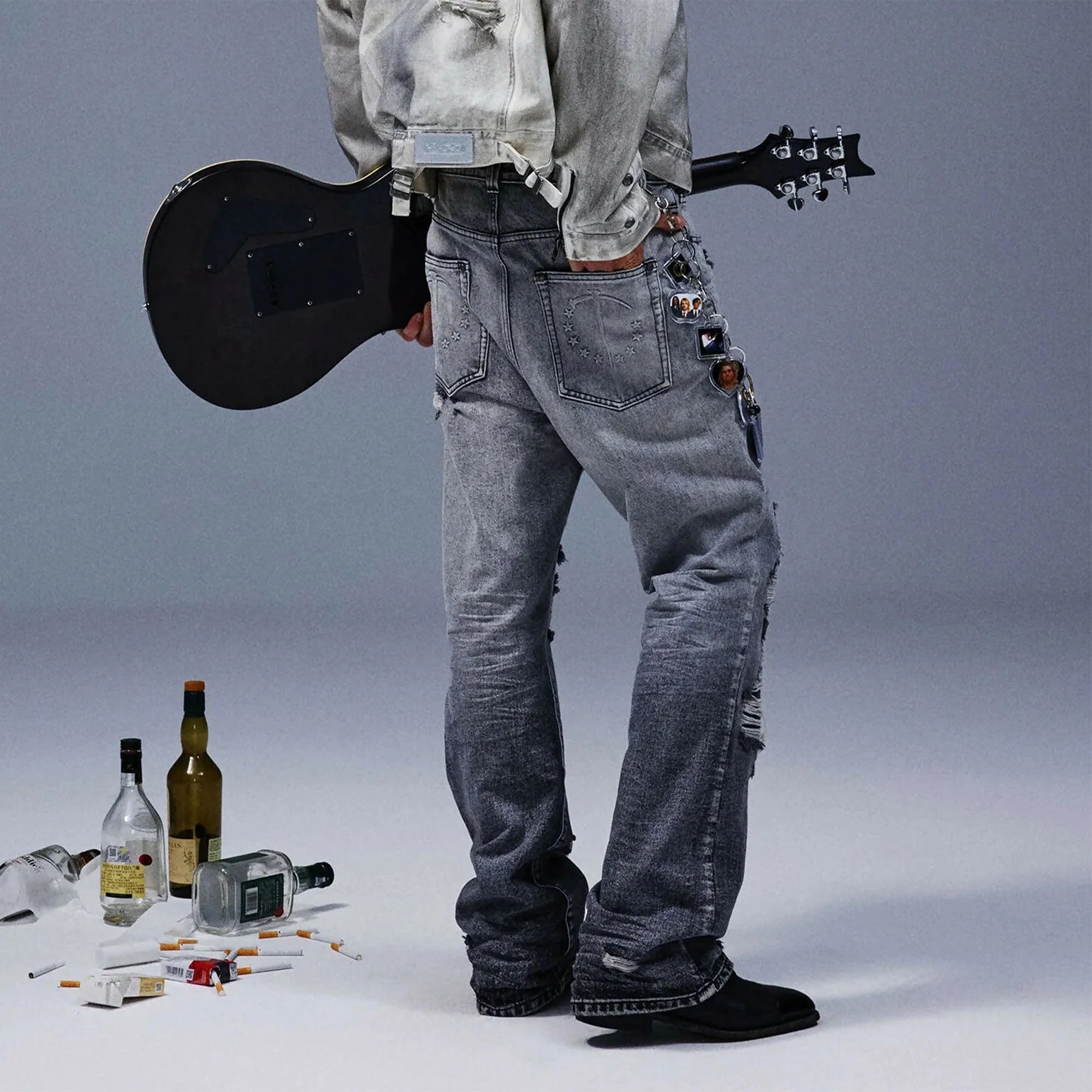 TECNINEGROUP Distressed Ash-Washed Flared Jeans