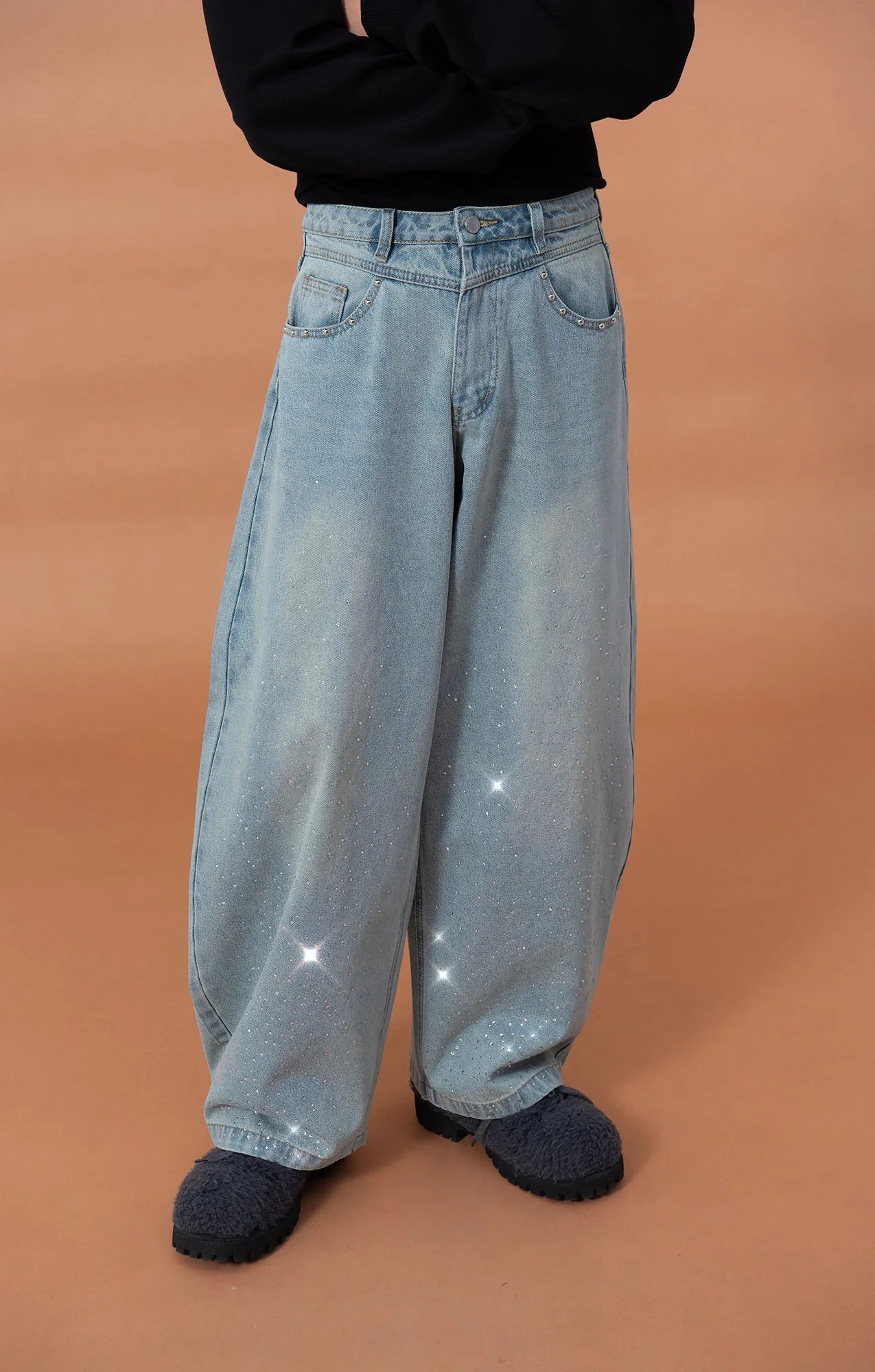 CLP Washed Diamond-Dusted Curved-Leg Jeans