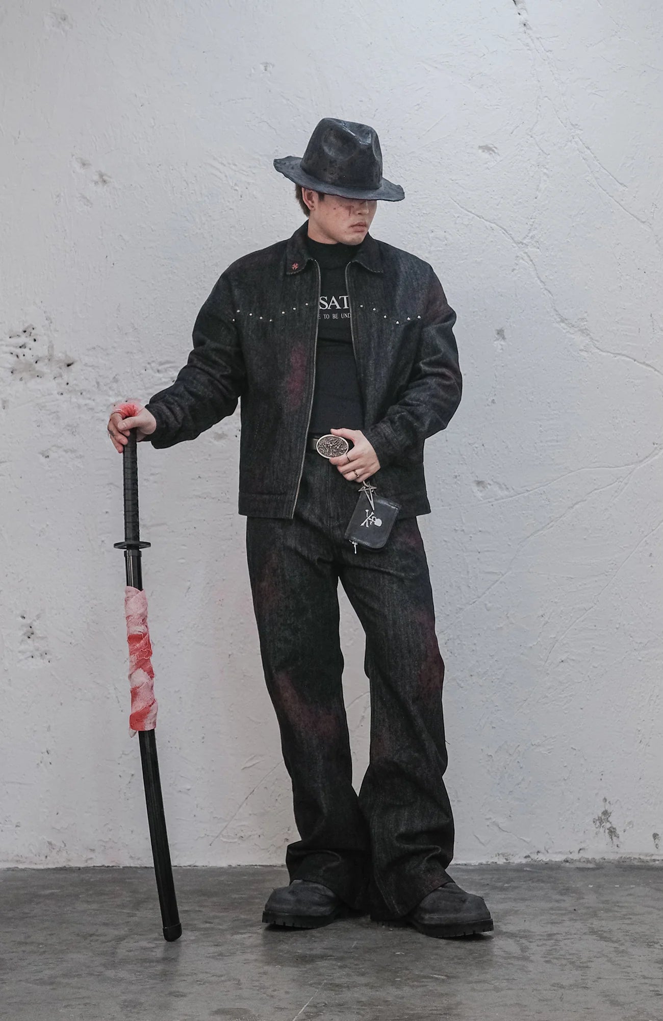 UNDERWATER Bloodstained Raw Flared Denim Pants