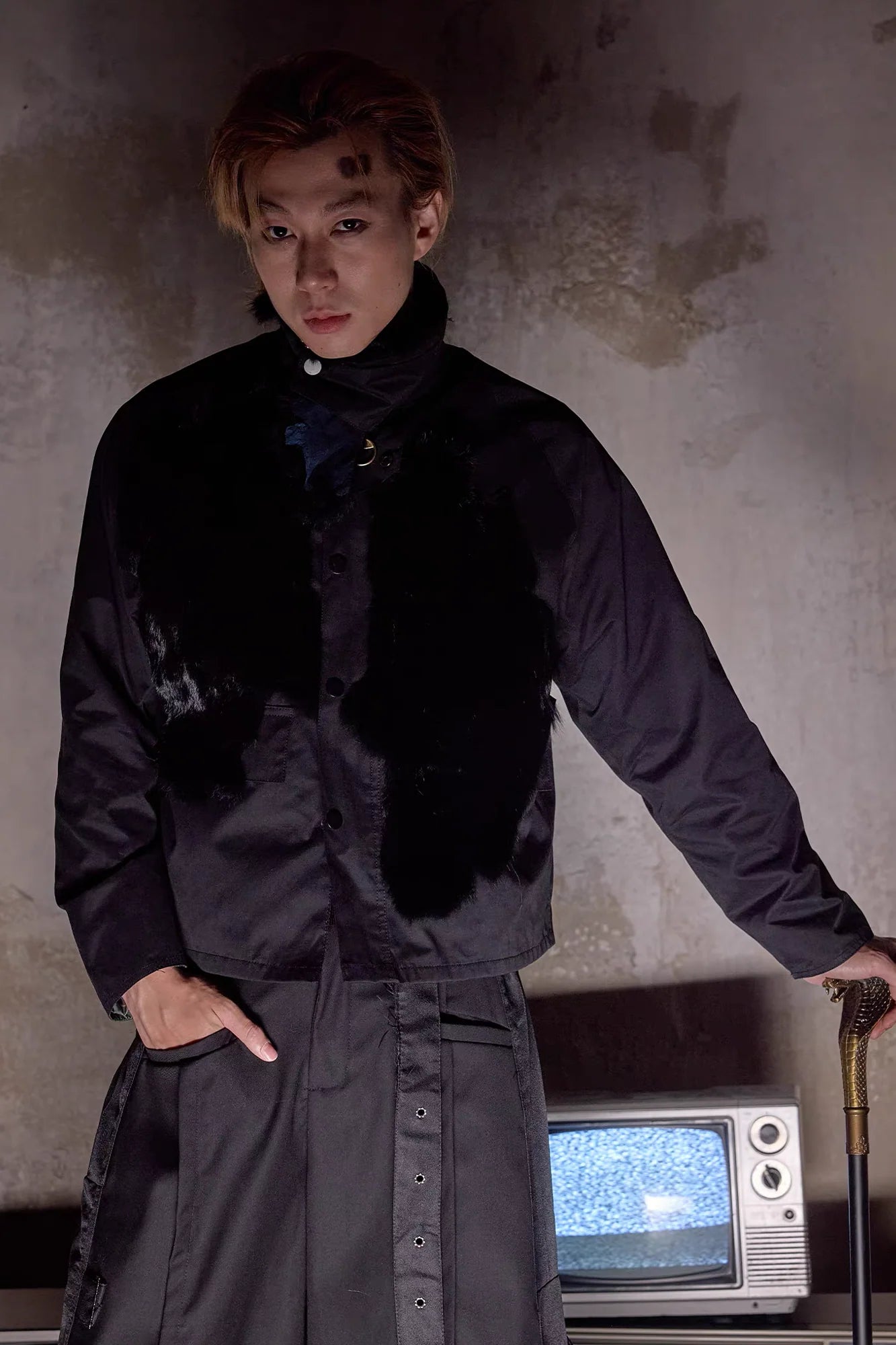 NOTHINGNESS WORLD Mottled Faux Fur Collar Snap-Button Jacket