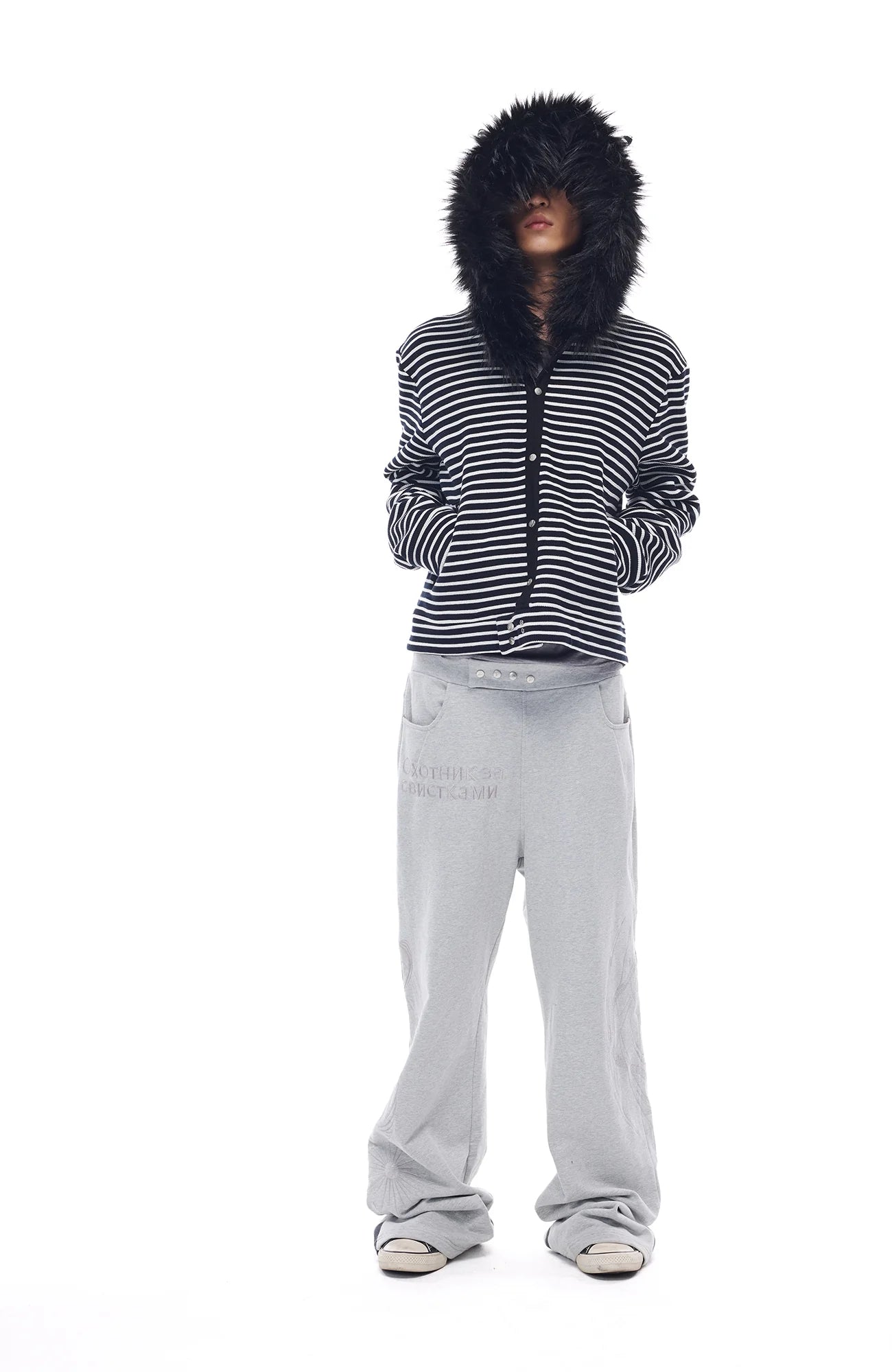 WHISTLEHUNTER Striped Detachable-Fur Hooded Jacket