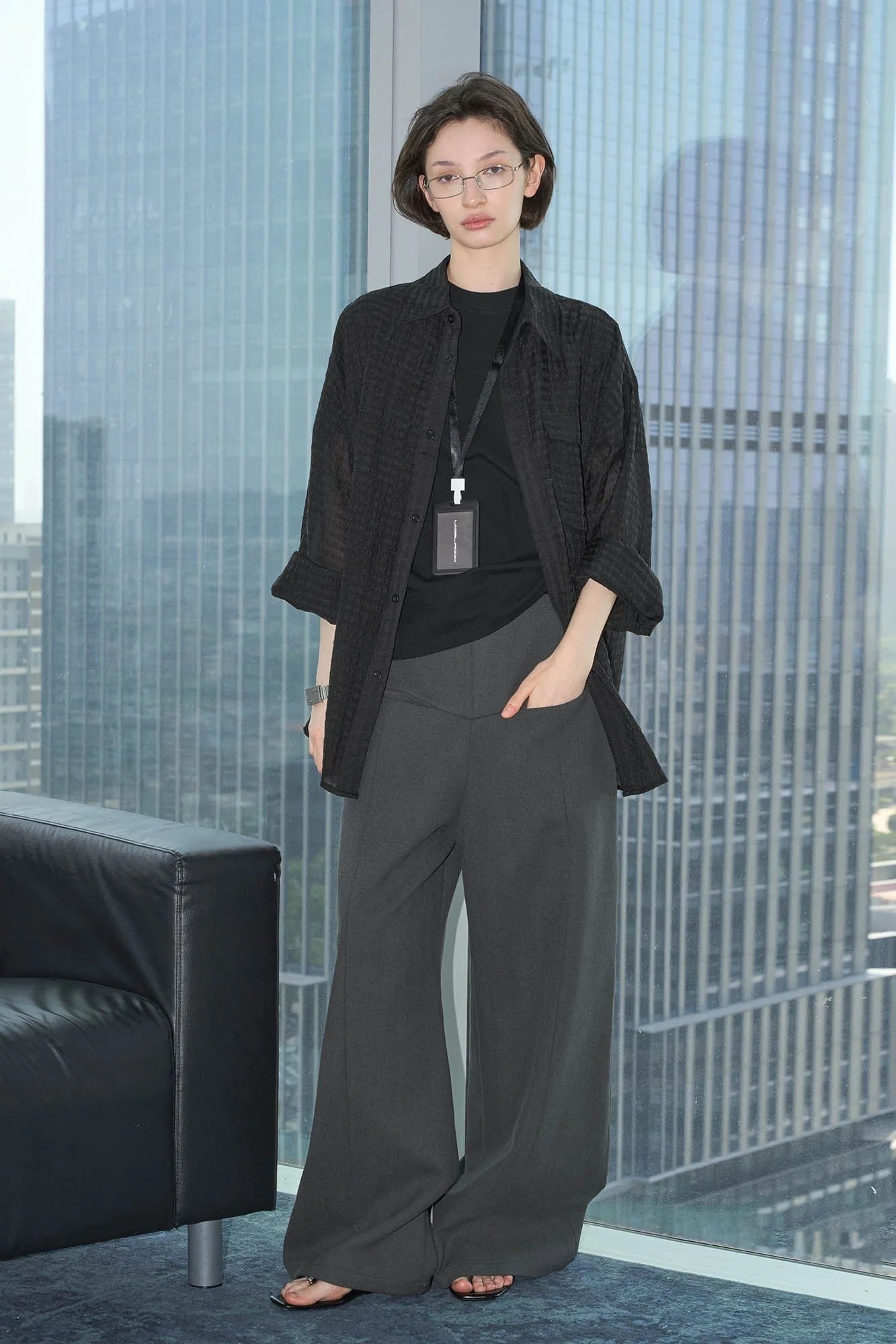 LABELROOM Sheer Textured Grid Oversized Shirt