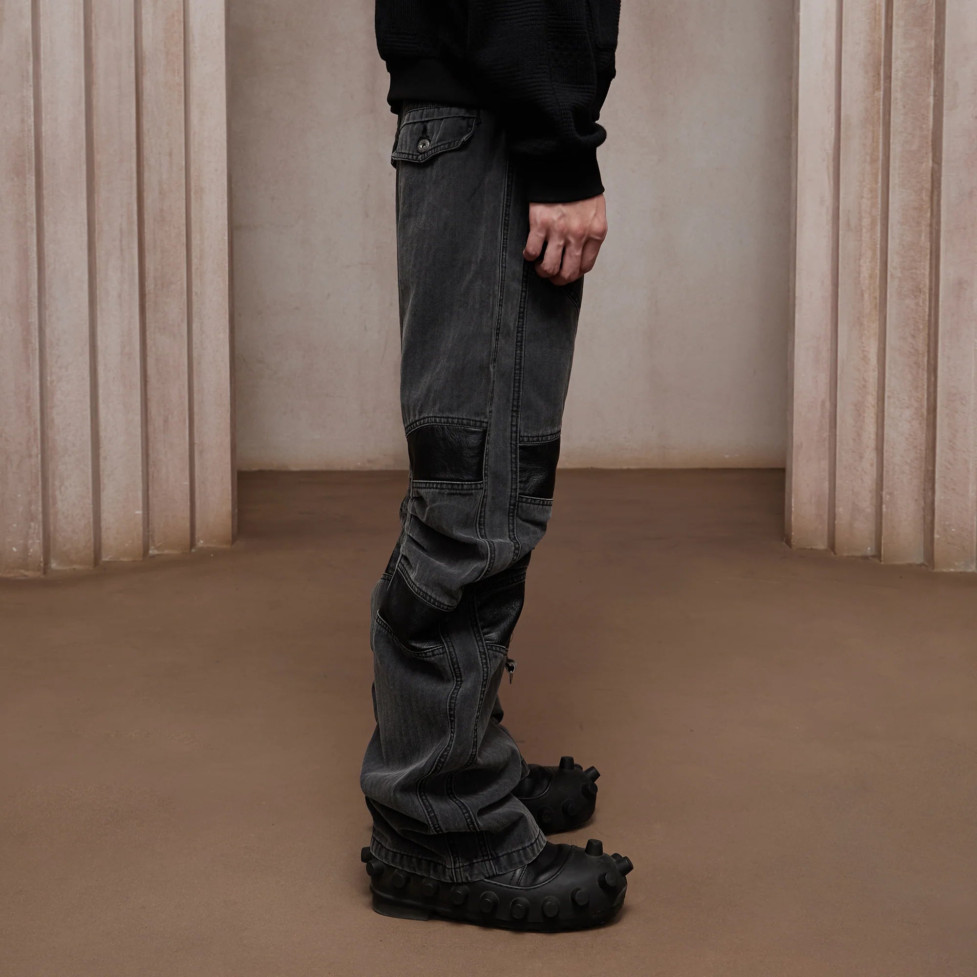 DND4DES Washed Paneled Strap-Tacked Jeans